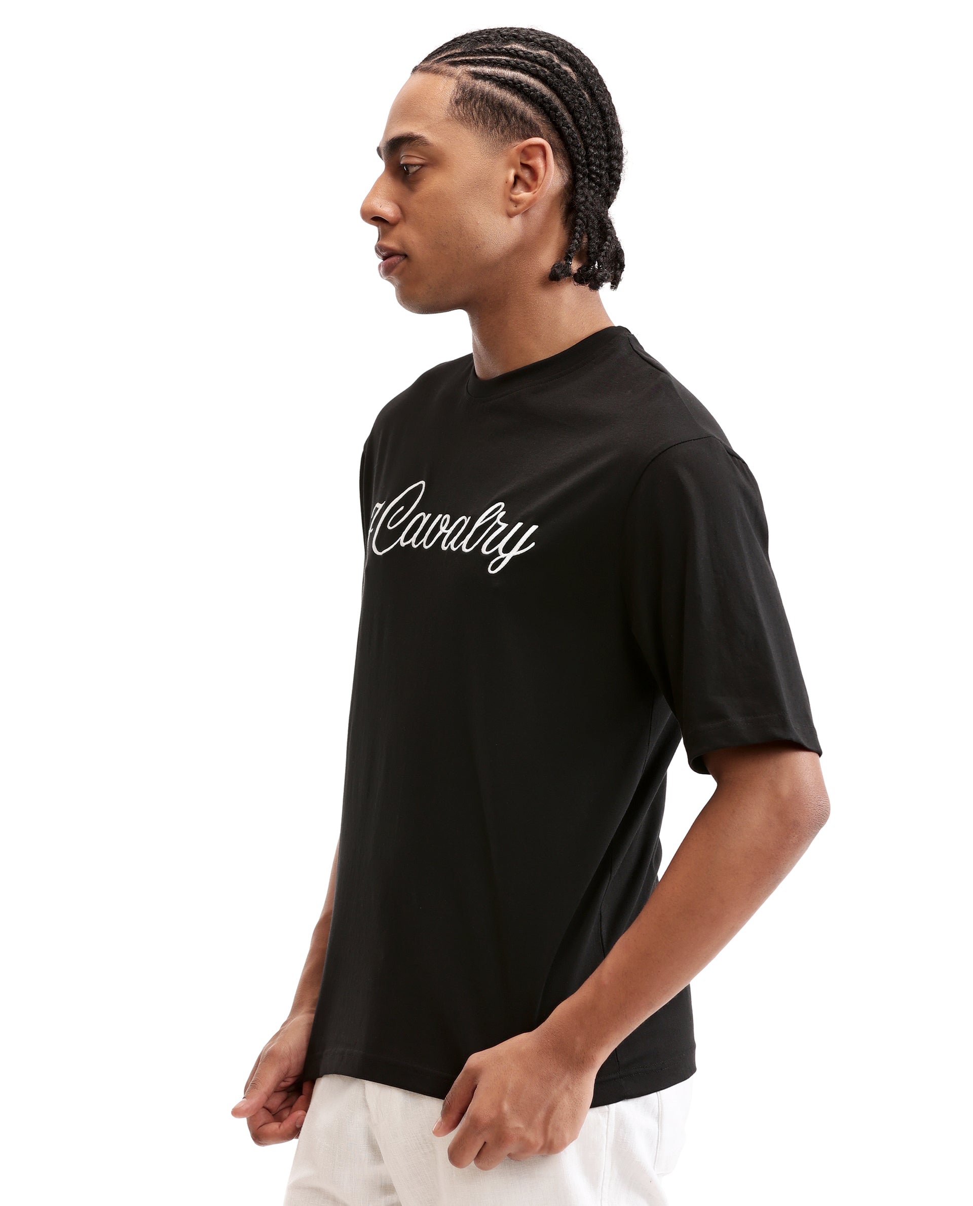 Charcoal Black Single Jersey Crew Neck Oversized T-Shirt with Pure White Embroidery