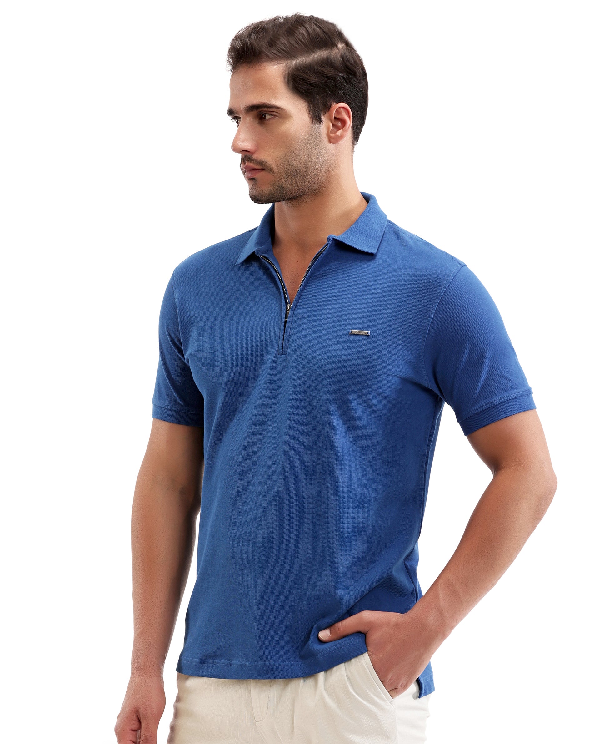 Imperial Prussian Blue Pique Polo with 7C Metal Zip, Metal Badge