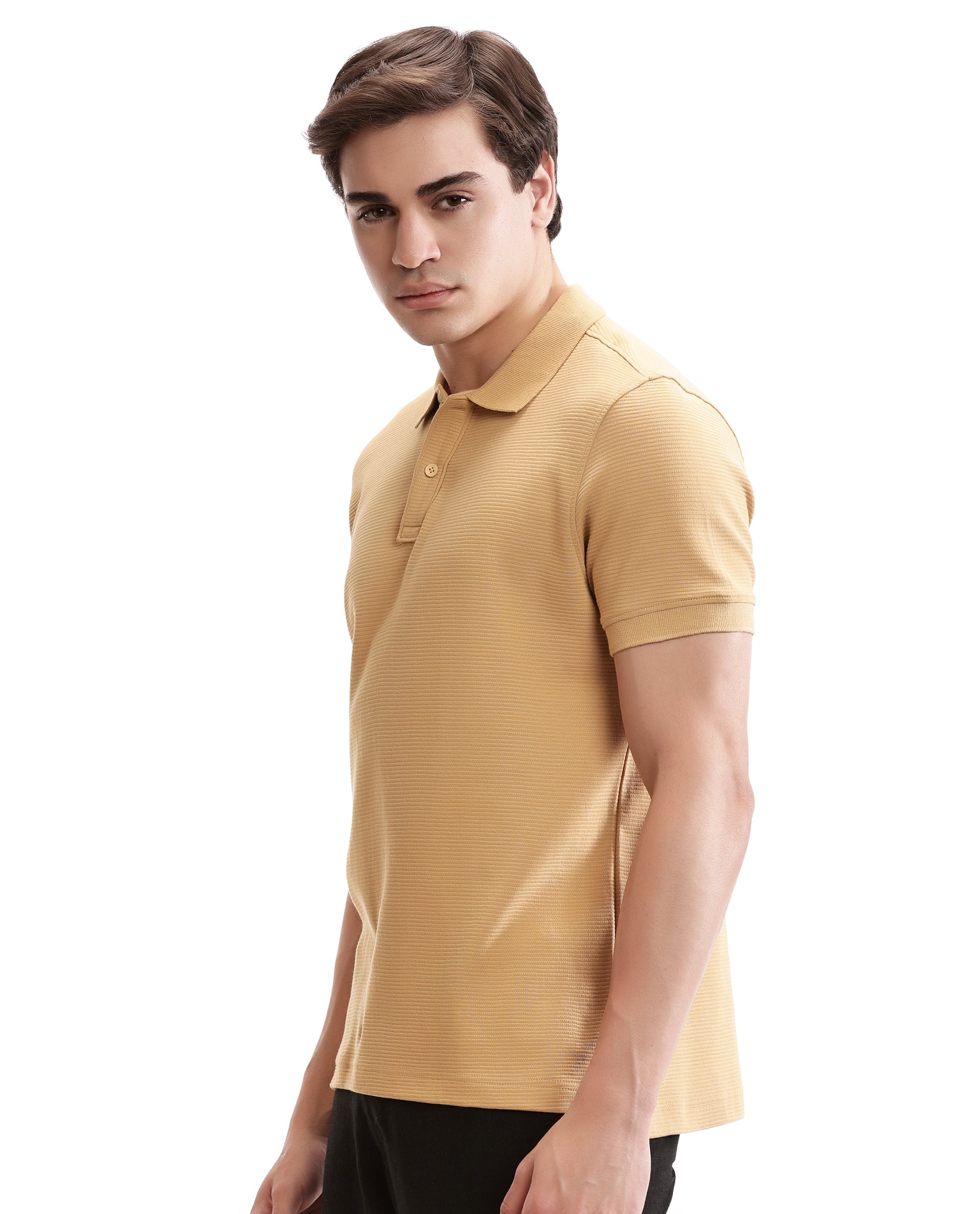 Camel Beige Knitted Ottoman Polo with Ribbed Collar