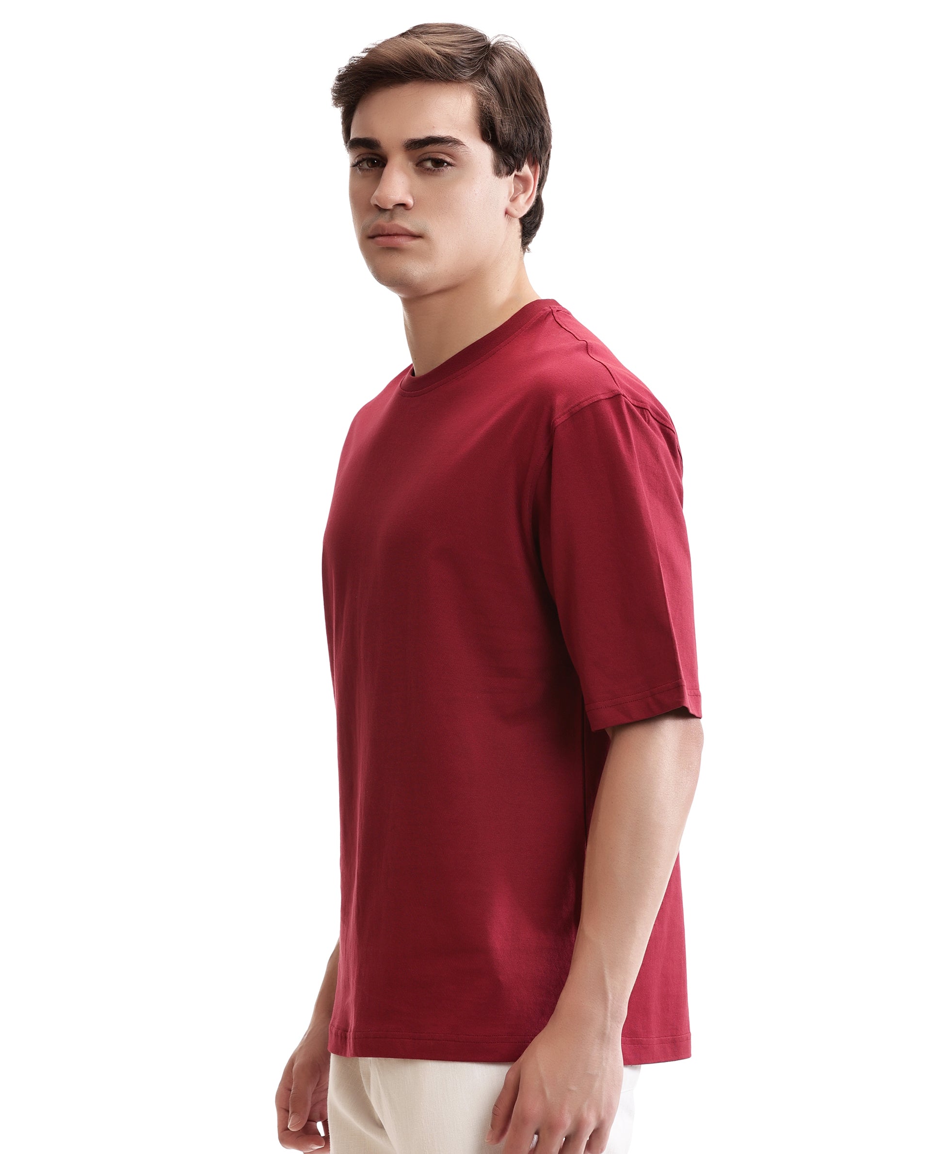 Bordeaux Maroon Single Jersey Crew Neck Oversized T-Shirt
