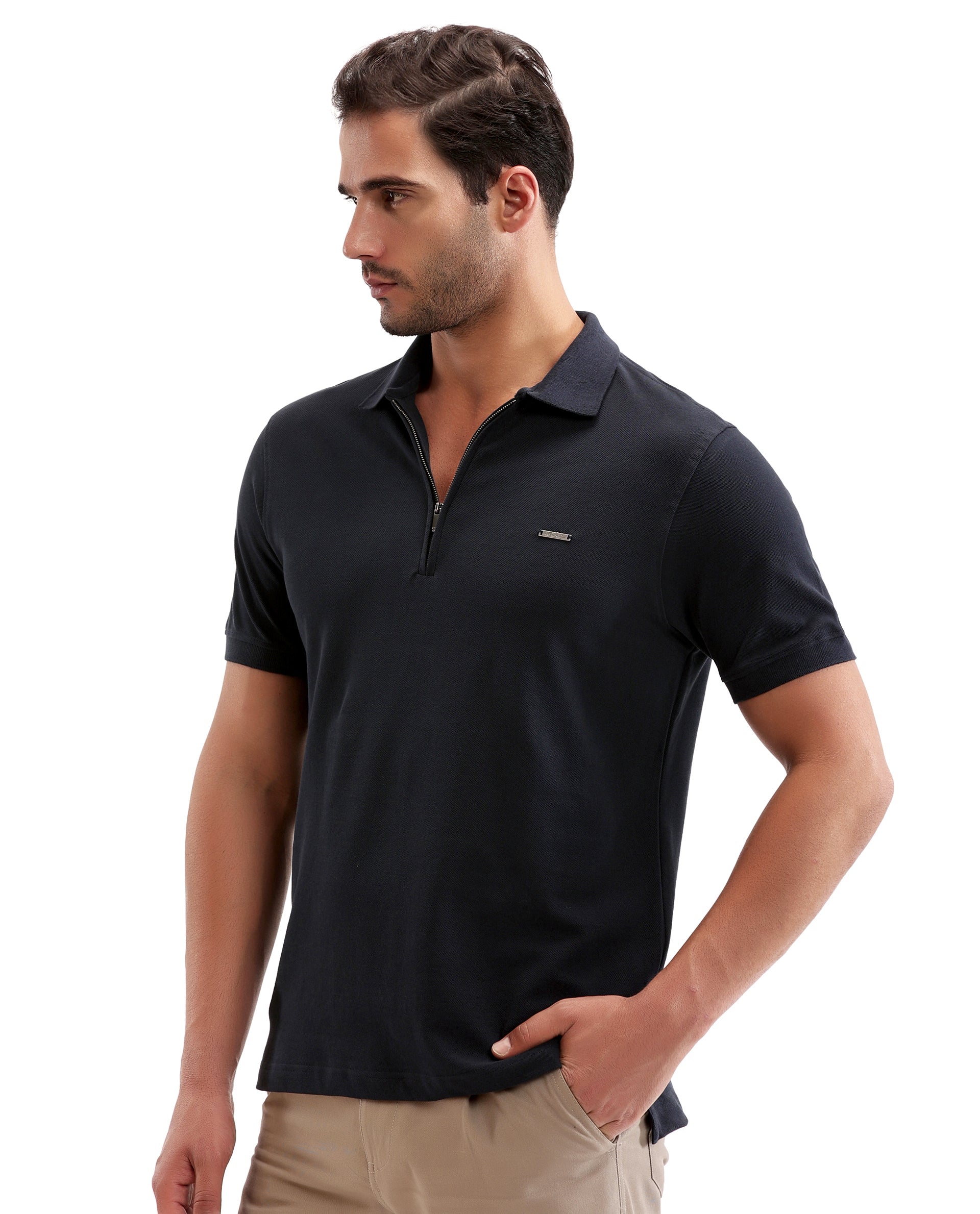 Midnight Navy Blue Pique Polo with 7C Metal Zip, Metal Badge