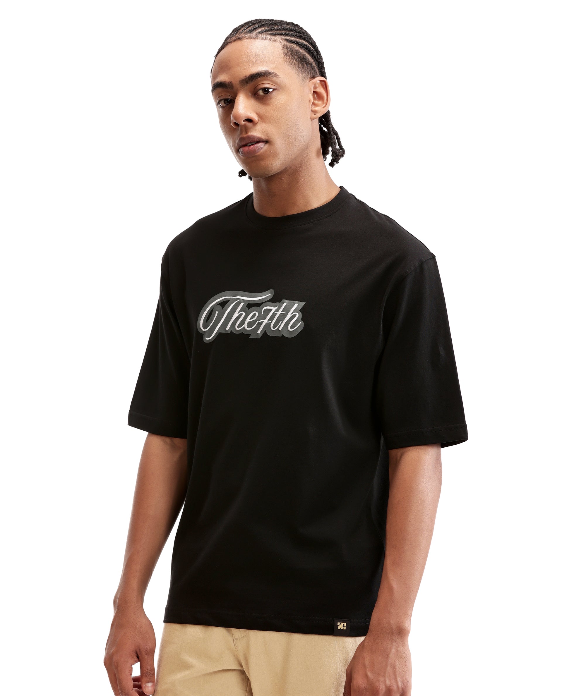 Charcoal Black Single Jersey Crew Neck Oversized T-Shirt with Charcoal Grey Print & Pure White 7C Embroidery