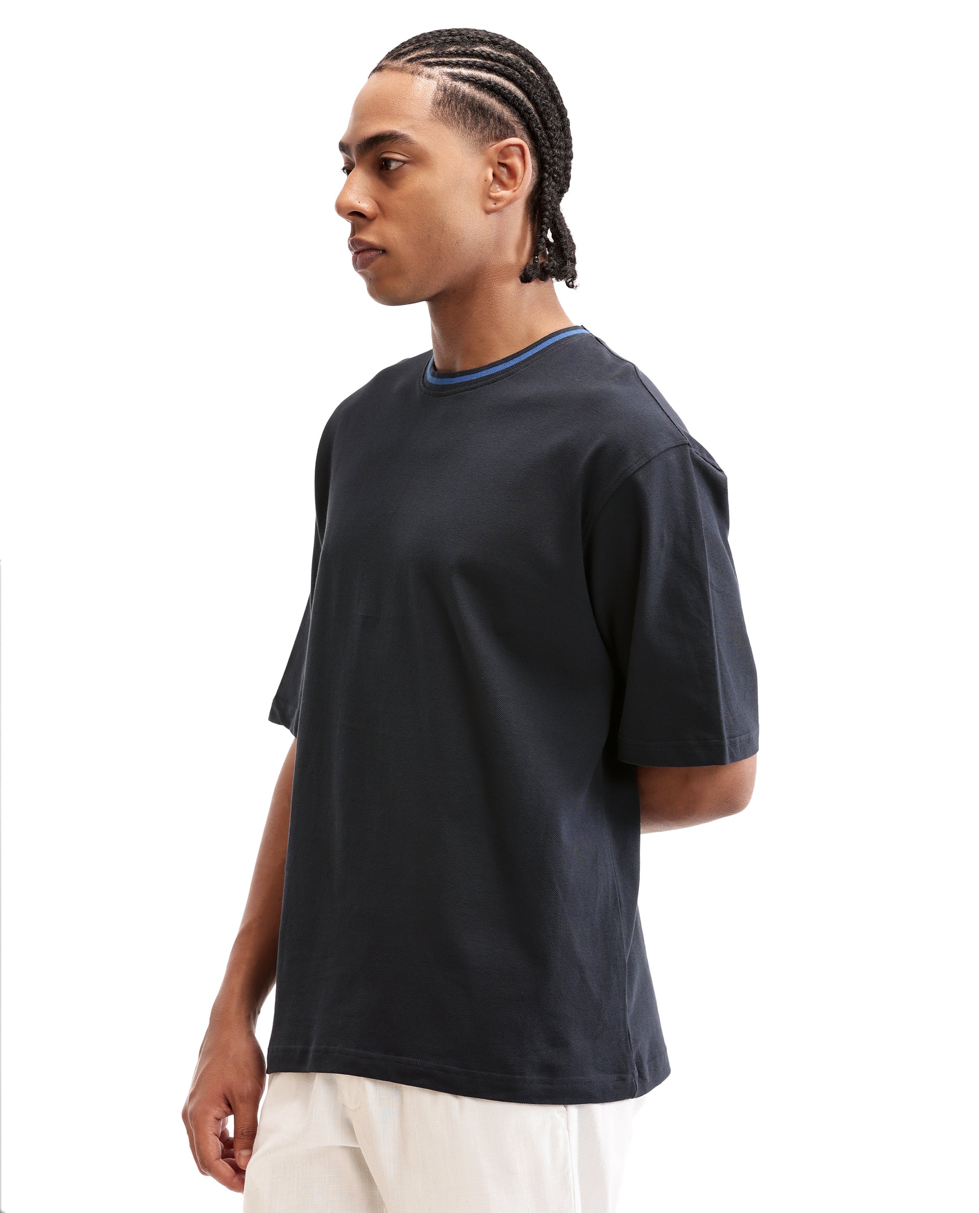 Midnight Navy Blue Pique Crew Neck Oversized T-Shirt with Imperial Prussian Blue