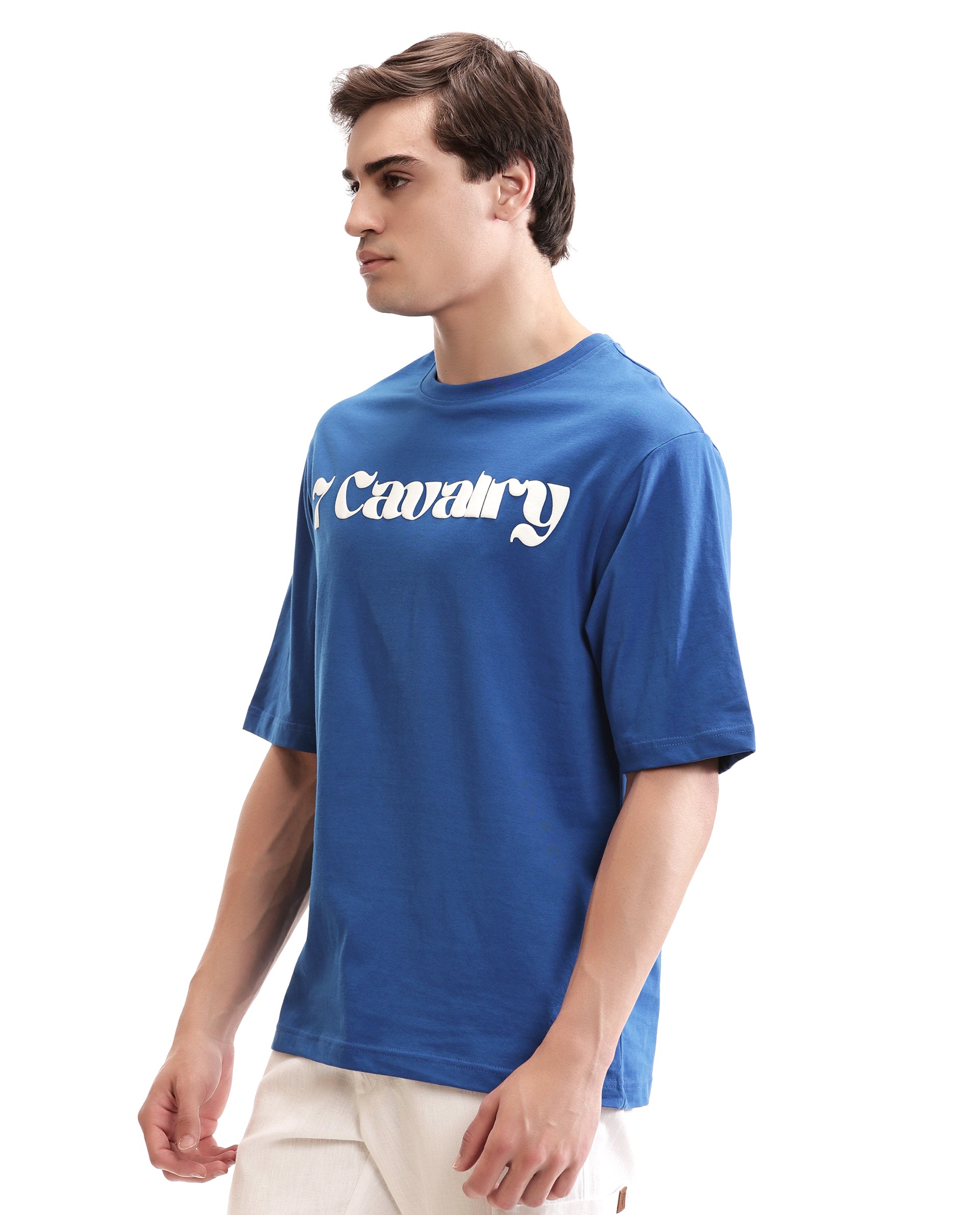 Imperial Prussian Blue Single Jersey Crew Neck Oversized T-Shirt with Pure White Puff Print