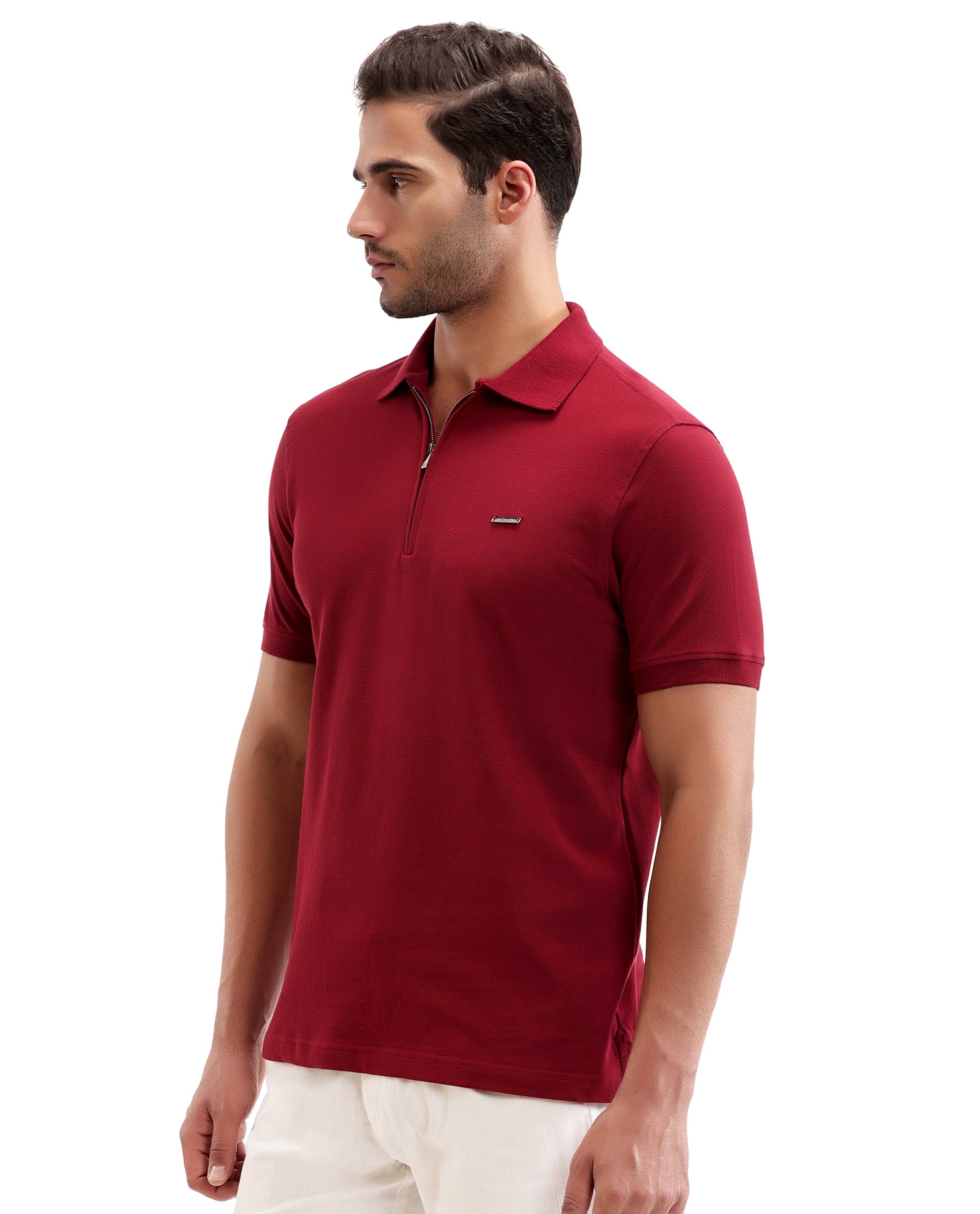 Bordeaux Maroon Pique Polo with 7C Metal Zip, Metal Badge