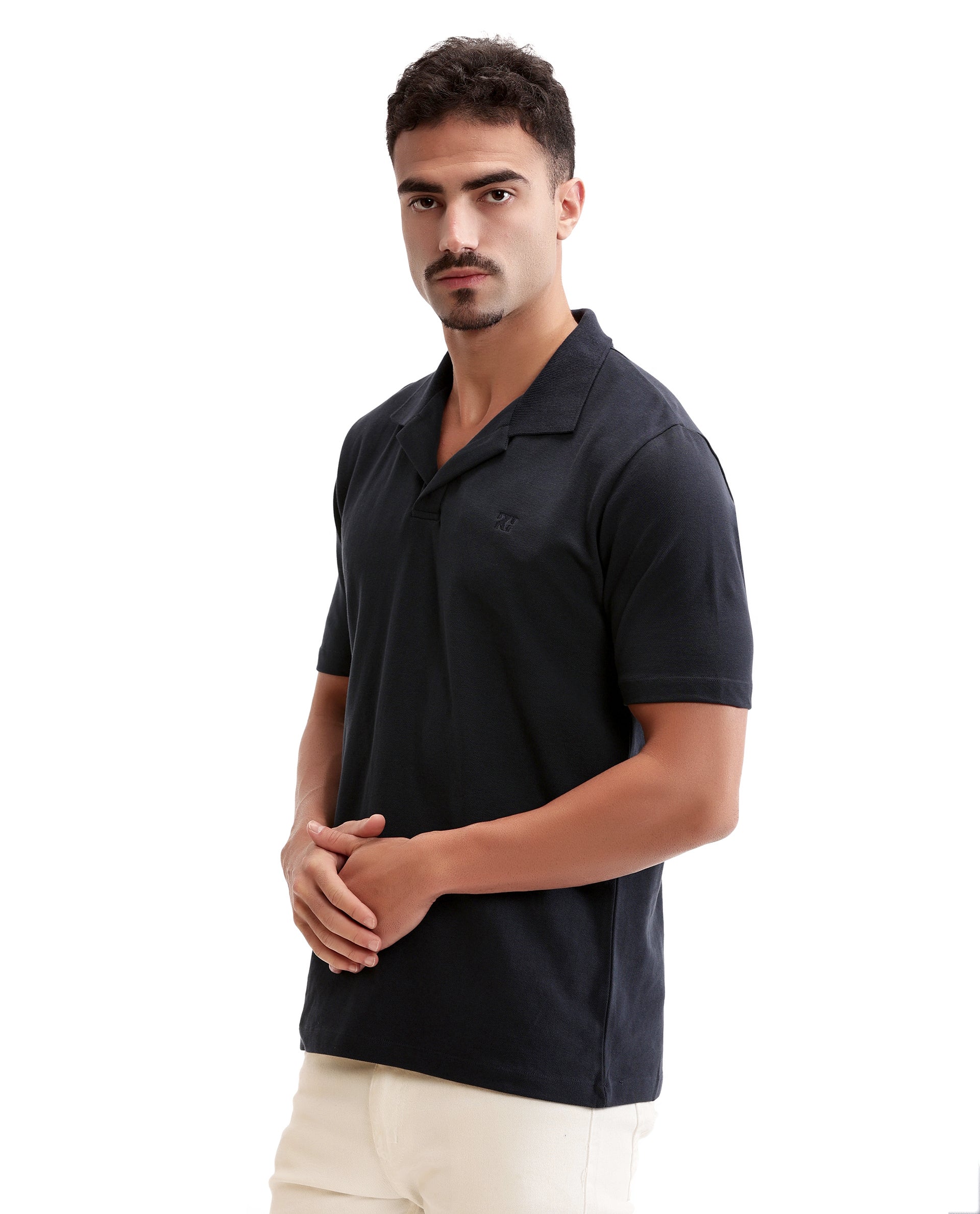 Midnight Navy Blue Johnny Collar Pique Polo with Tone-on-Tone 7C Embroidery