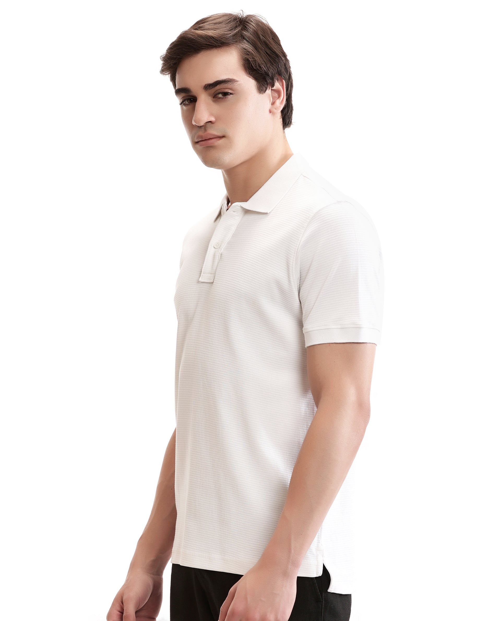 Pure White Knitted Waffle Polo with Ribbed Collar