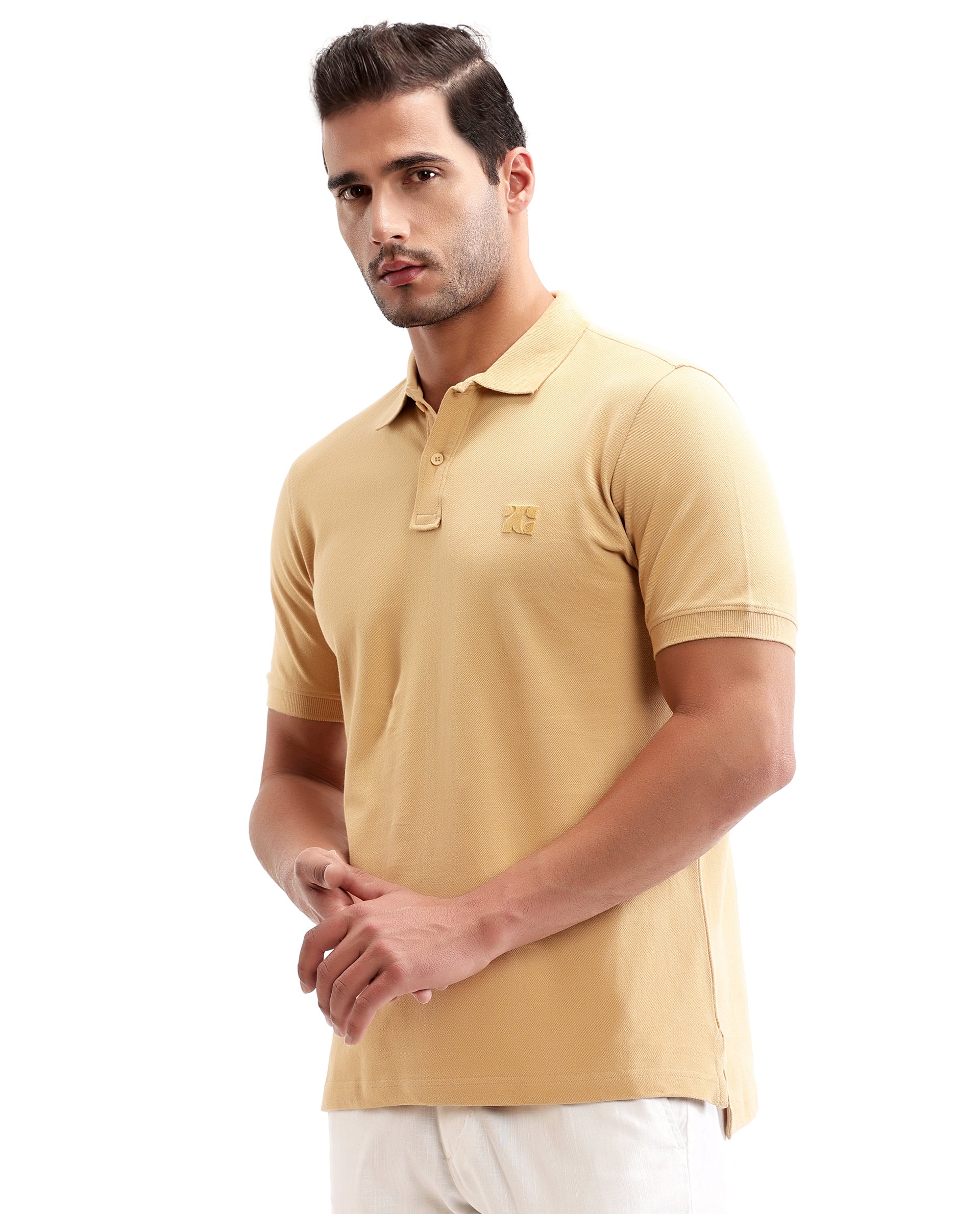 Camel Beige Pique Polo with Tufted Embroidery