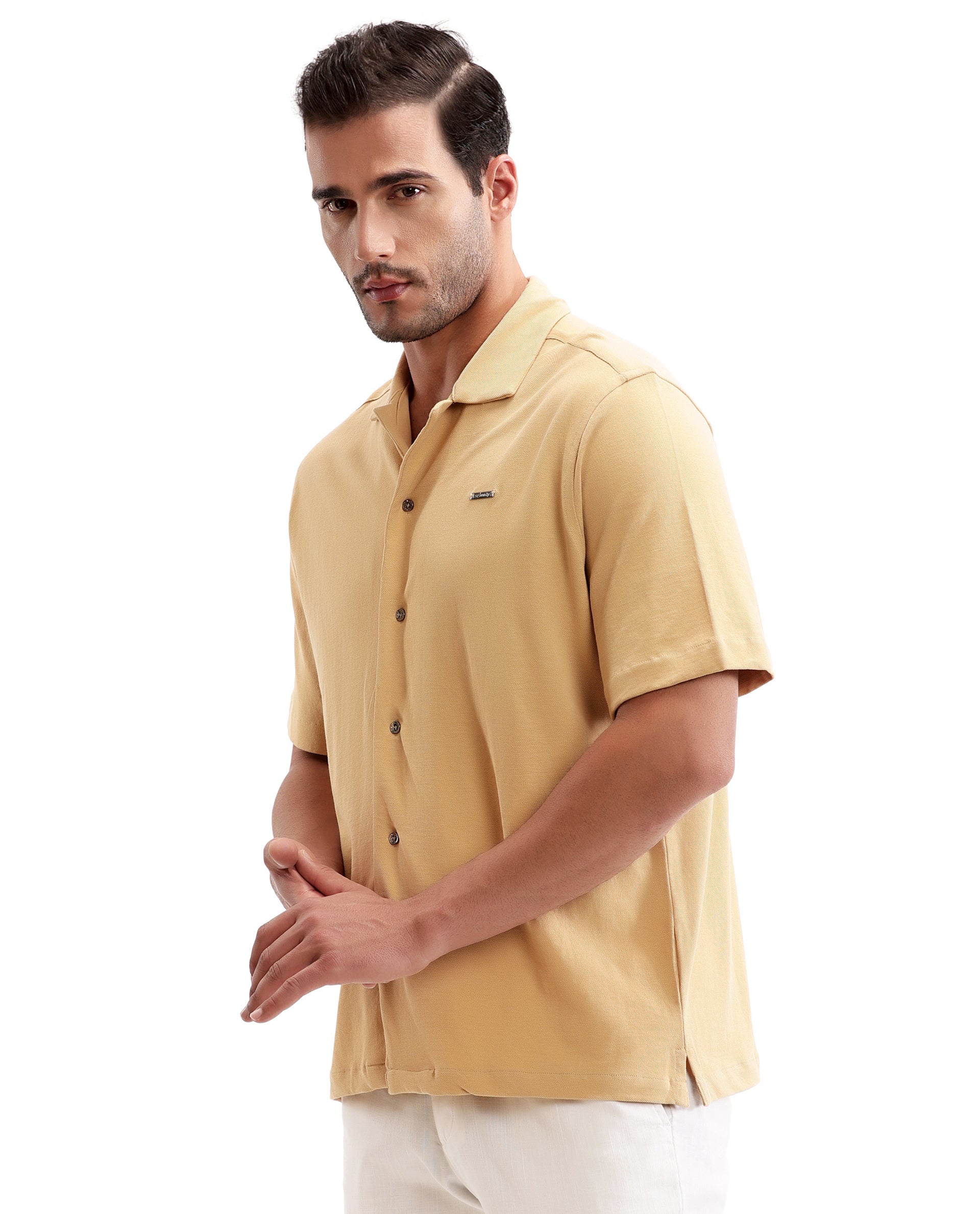 Camel Beige Pique Knit Shirt with 7C Metal Buttons, Gun Metal Badge