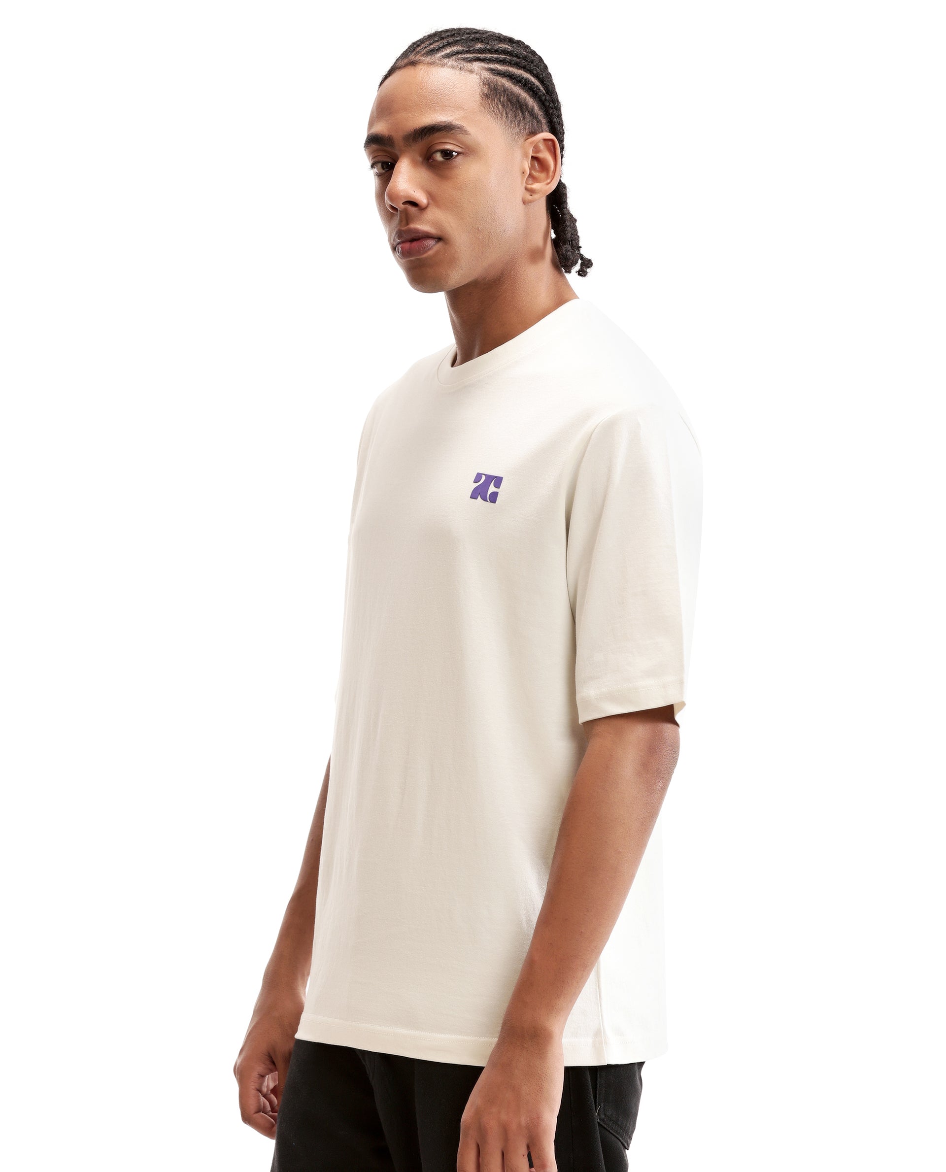 Ivory White Single Jersey Crew Neck Oversized T-Shirt with Deep Purple HD Print