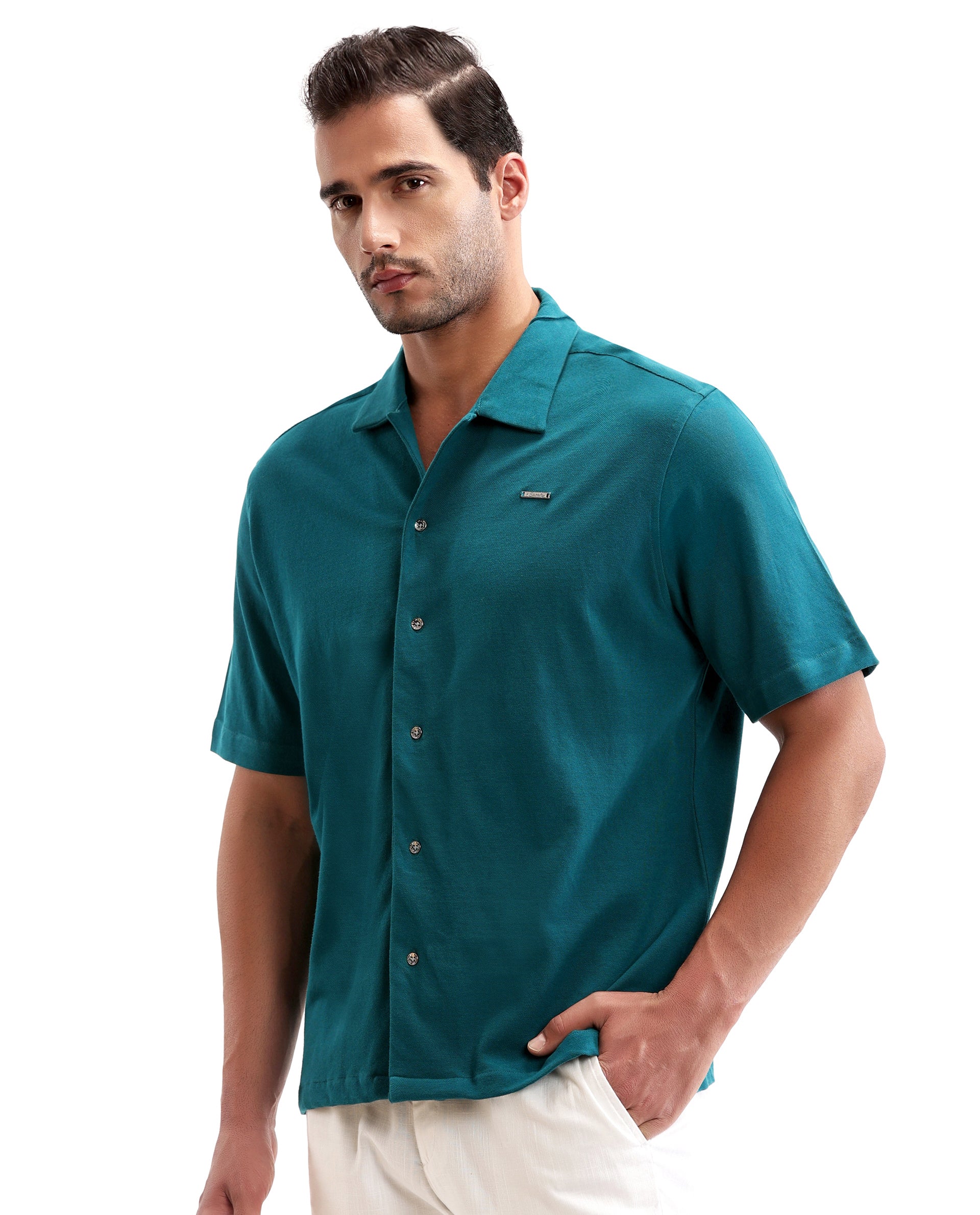Ocean Teal Pique Knit Shirt with 7C Metal Buttons, Gun Metal Badge
