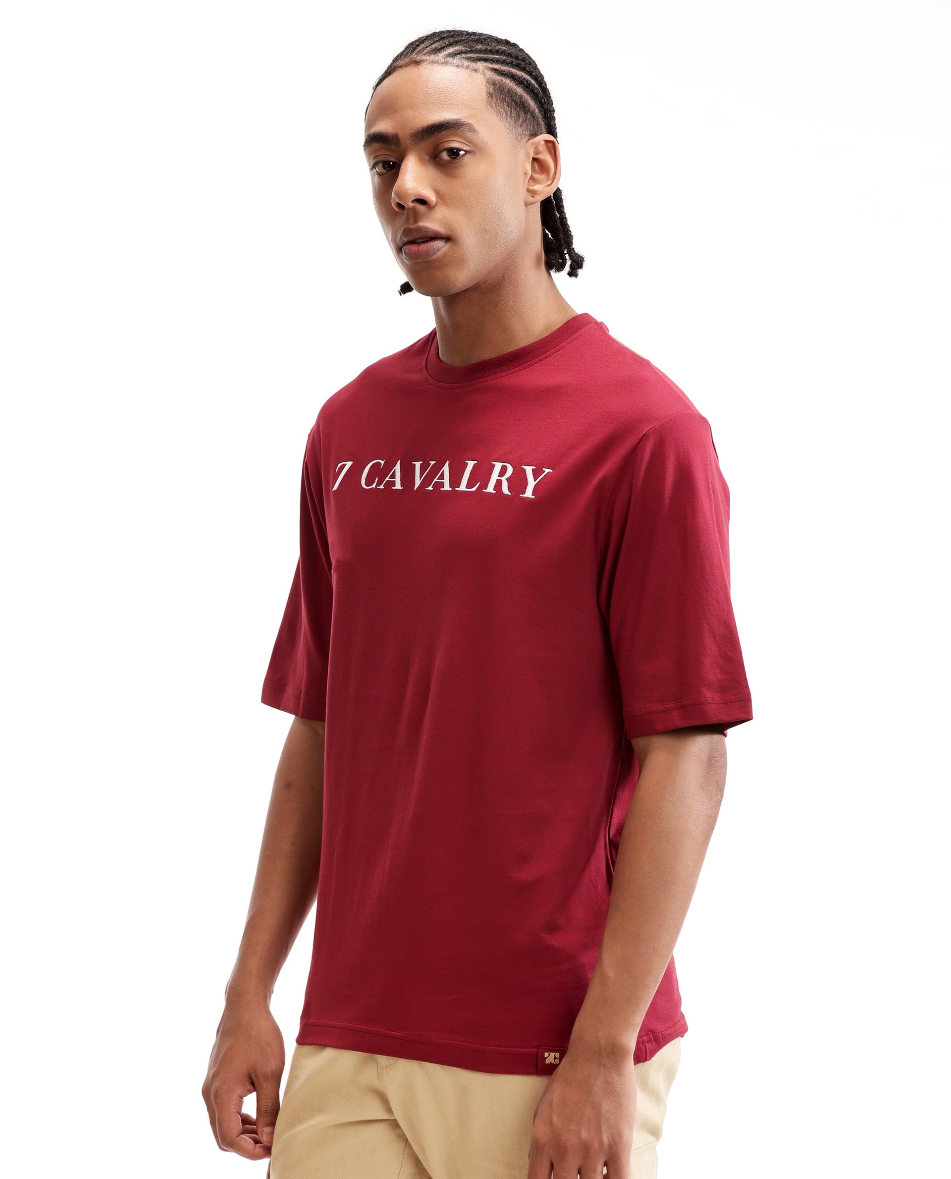 Bordeaux Maroon Single Jersey Crew Neck Oversized T-Shirt with Pure White Embroidery