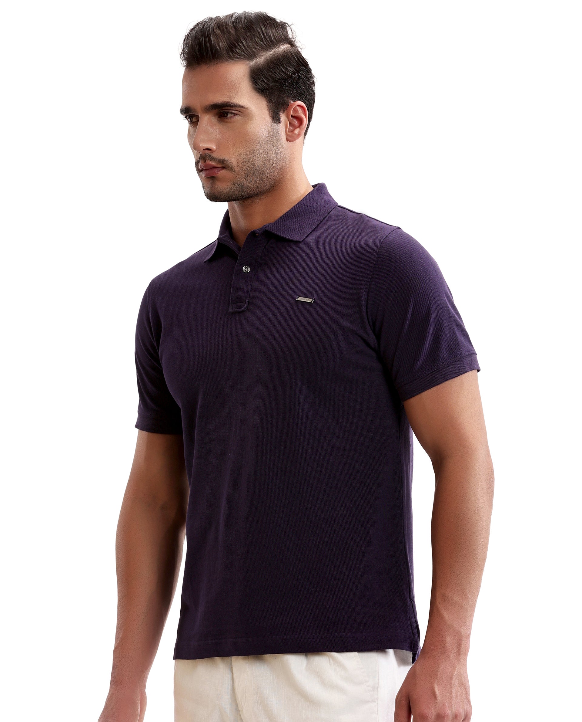 Deep Purple Pique Polo with Metal Buttons, 7C Metal Badge