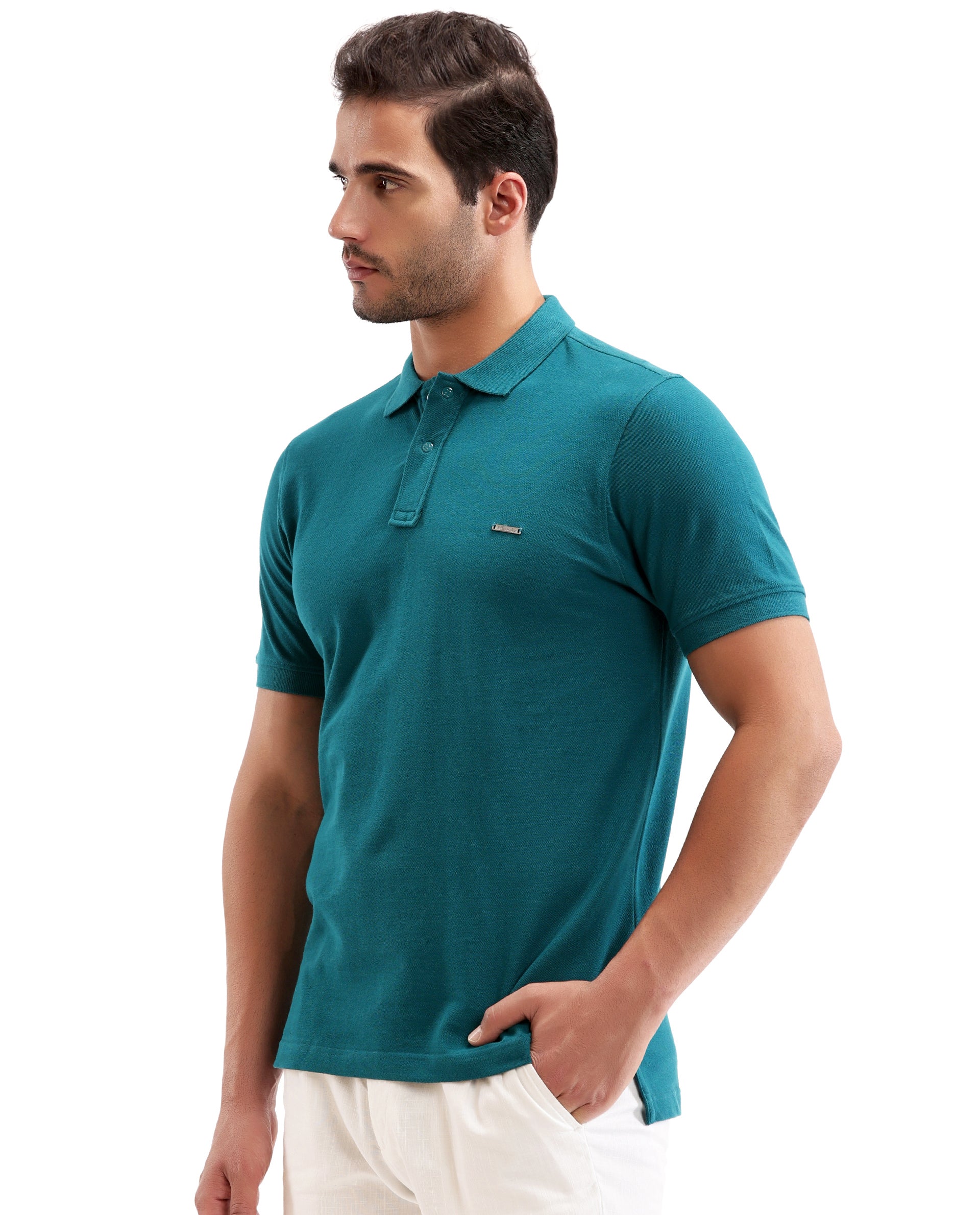 Ocean Teal Pique Polo with 7C Snap Buttons, Metal Badge
