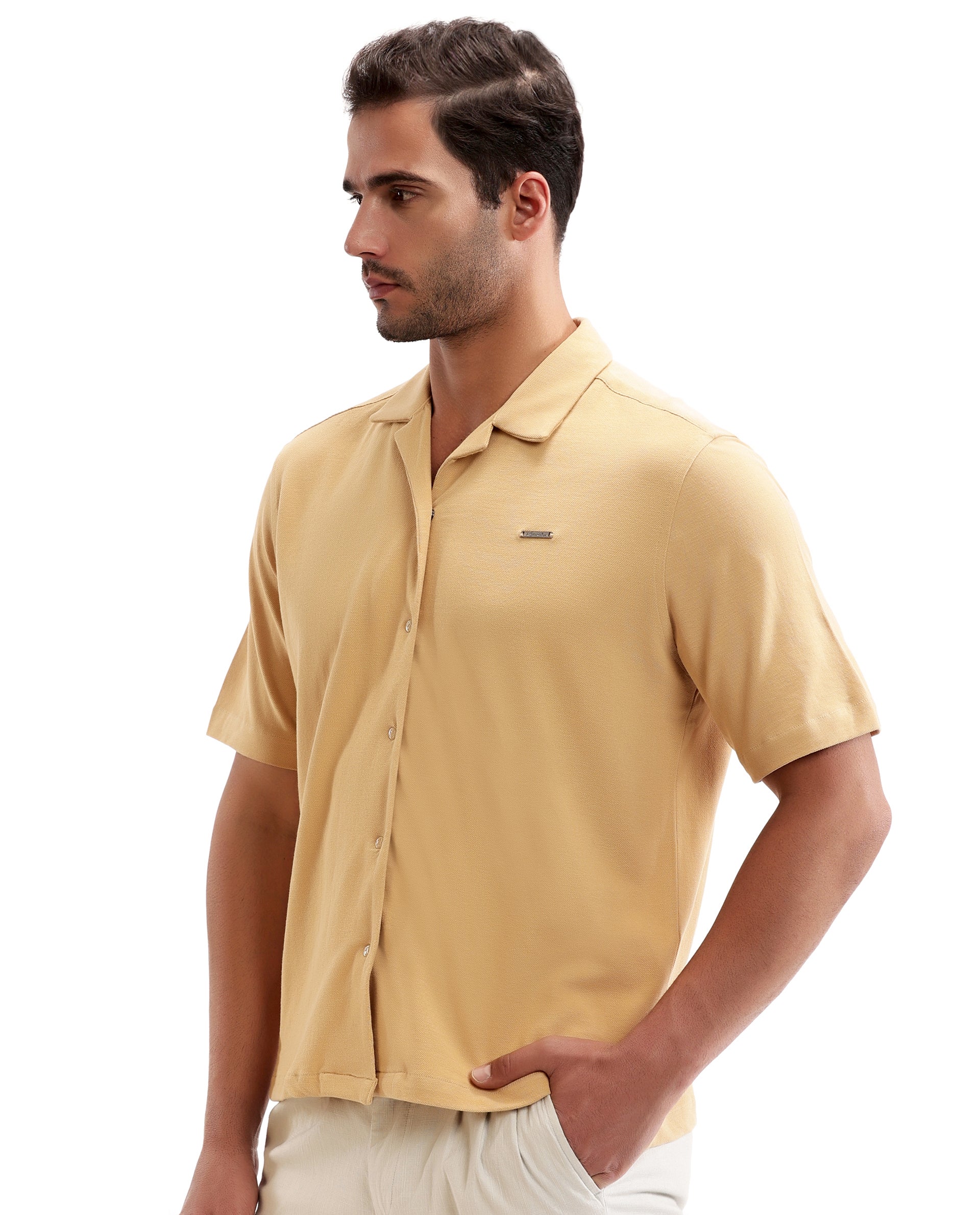 Camel Beige Pique Knit Shirt with 7C Engraved Snap Buttons, Gun Metal Badge