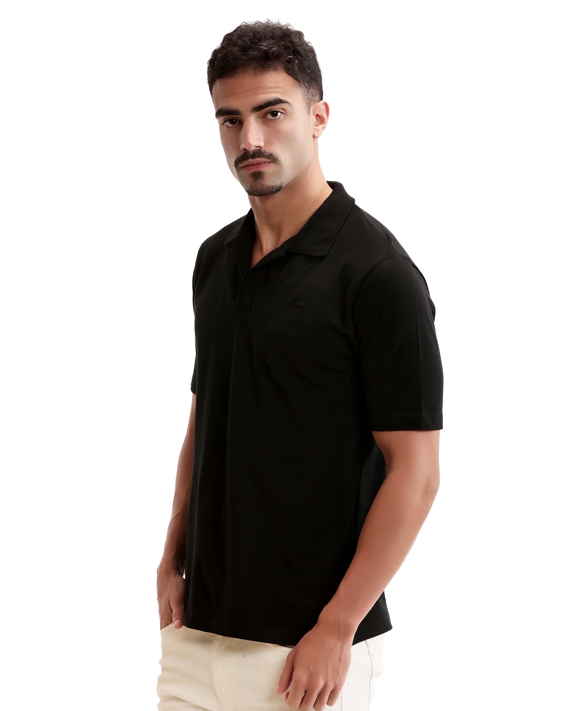 Charcoal Black Johnny Collar Pique Polo with Tone-on-Tone 7C Embroidery
