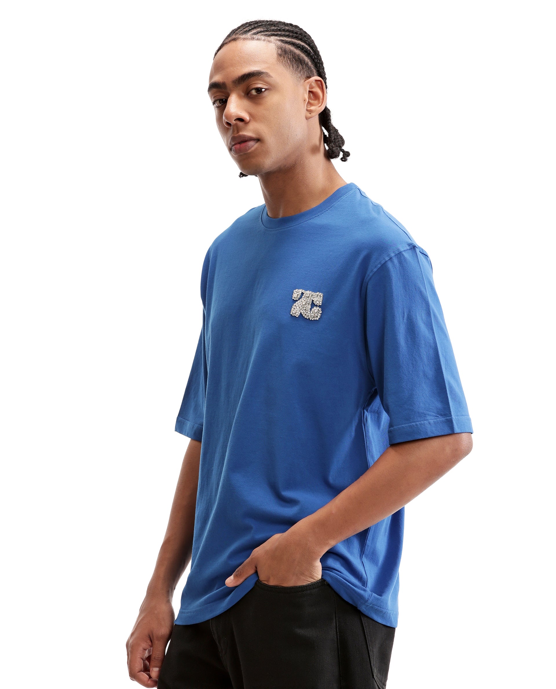 Imperial Prussian Blue Single Jersey Neck Oversized T-Shirt with Crystal Finish Rhinestones