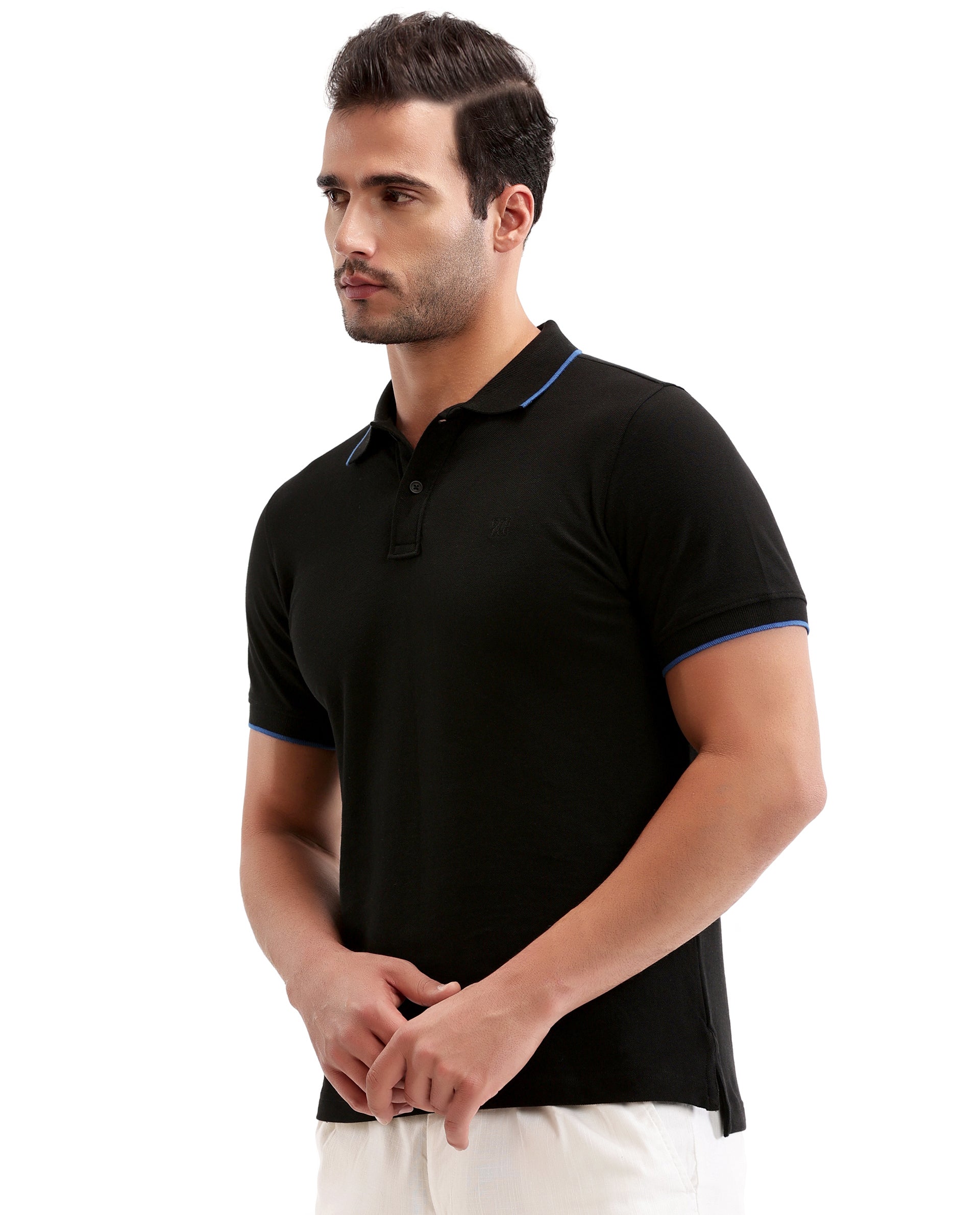 Charcoal Black Pique Polo with Imperial Prussian Blue Collar Piping, Tone-on-Tone 7C Embroidery