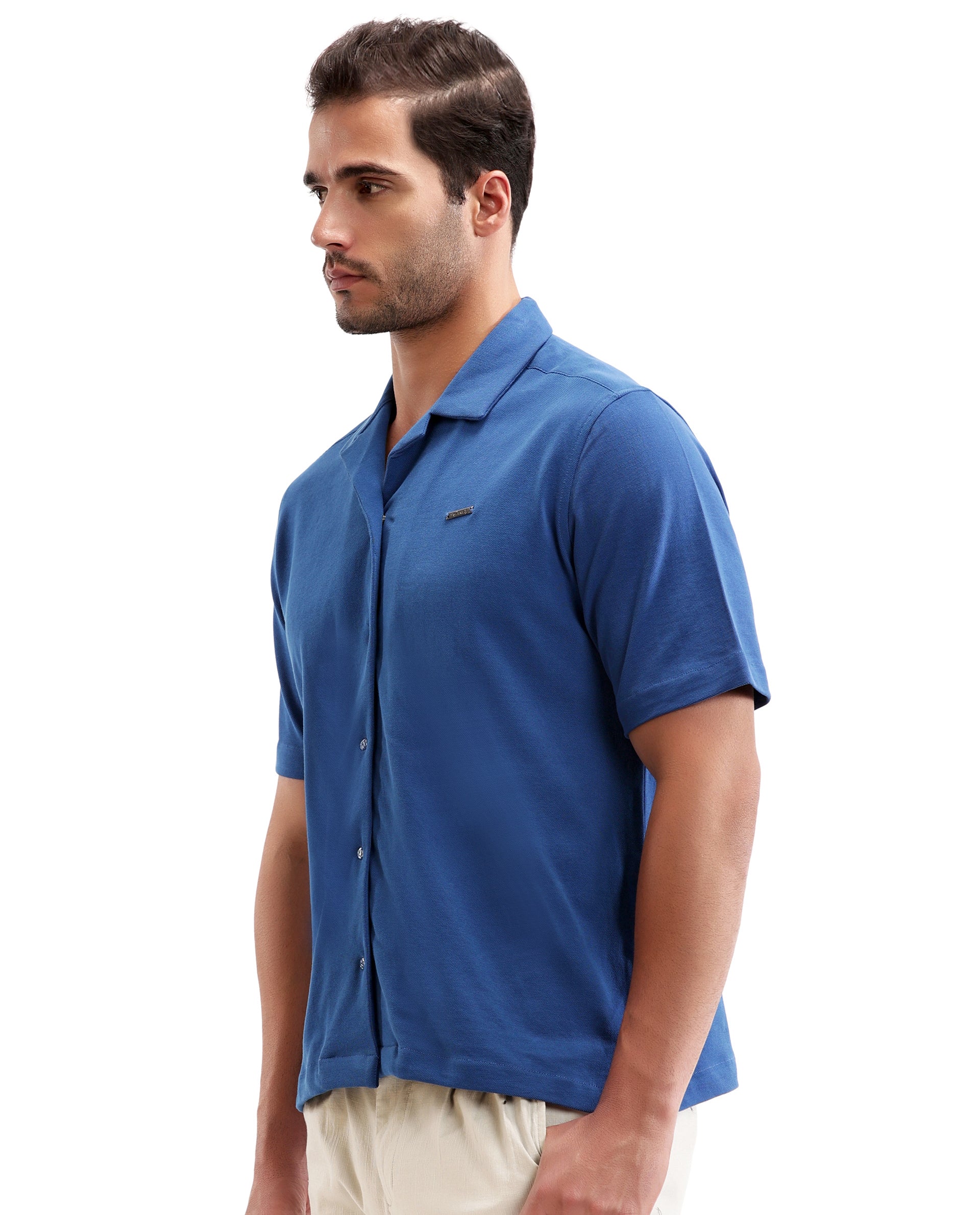Imperial Prussian Blue Pique Knit Shirt with 7C Engraved Snap Buttons, Gun Metal Badge
