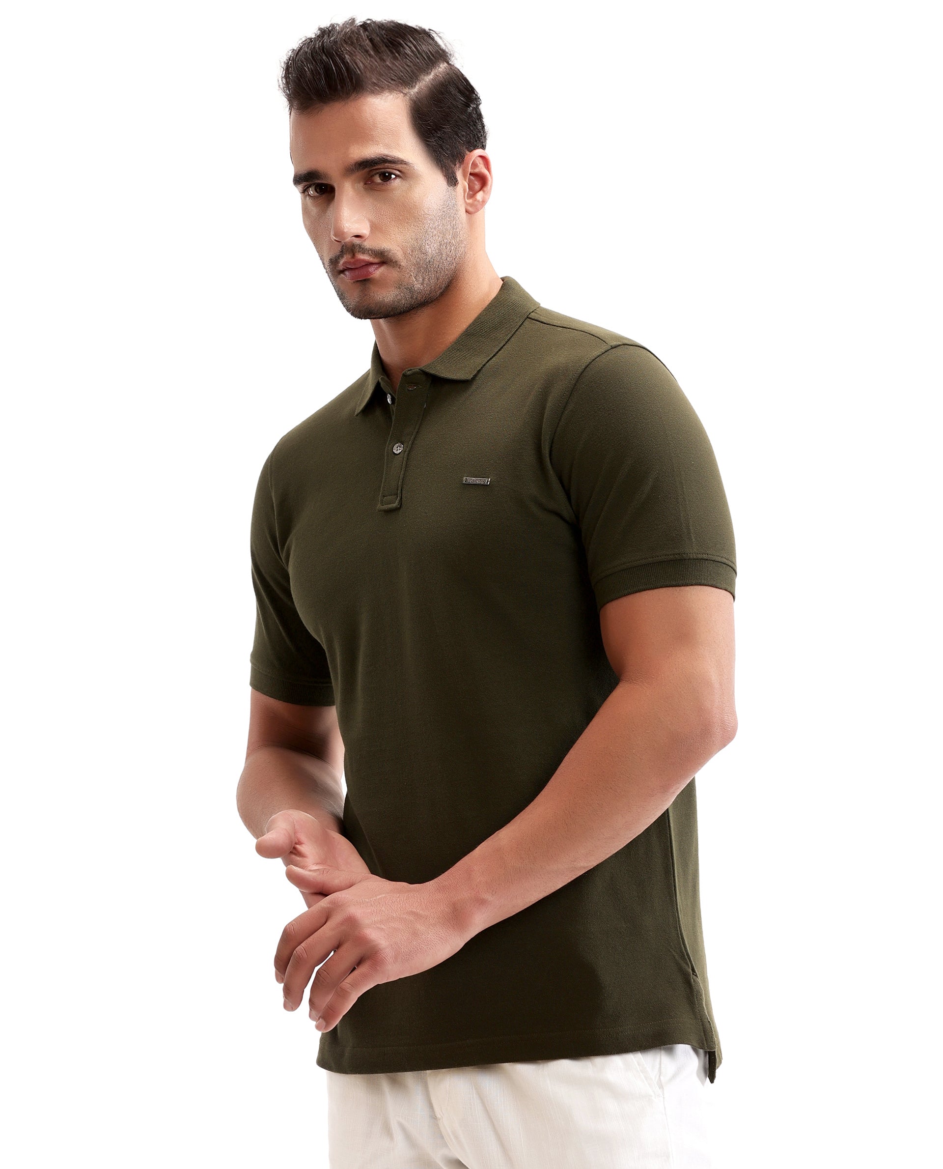 Vintage Olive Pique Polo with Metal Buttons, 7C Metal Badge