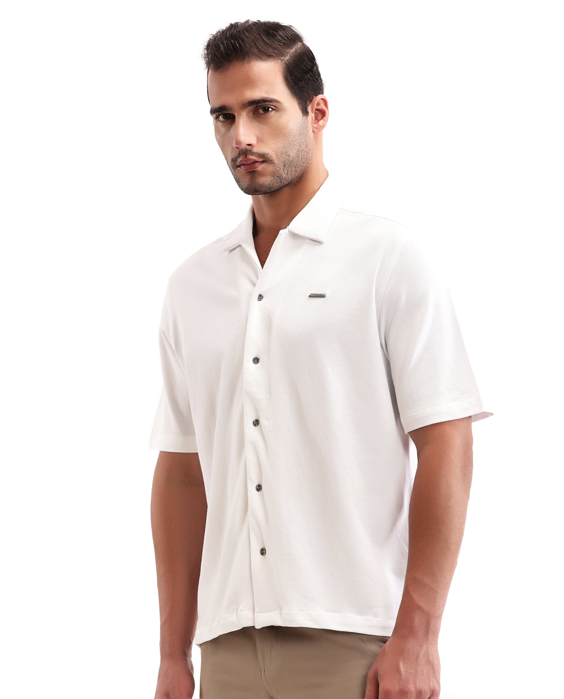 Pure White Pique Knit Shirt with 7C Metal Buttons, Gun Metal Badge