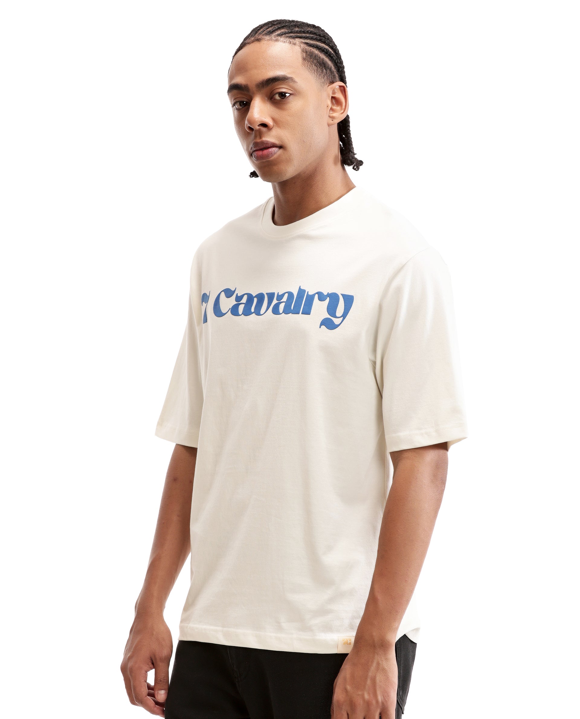 Ivory White Single Jersey Crew Neck Oversized T-Shirt with Midnight Navy Blue Puff Print