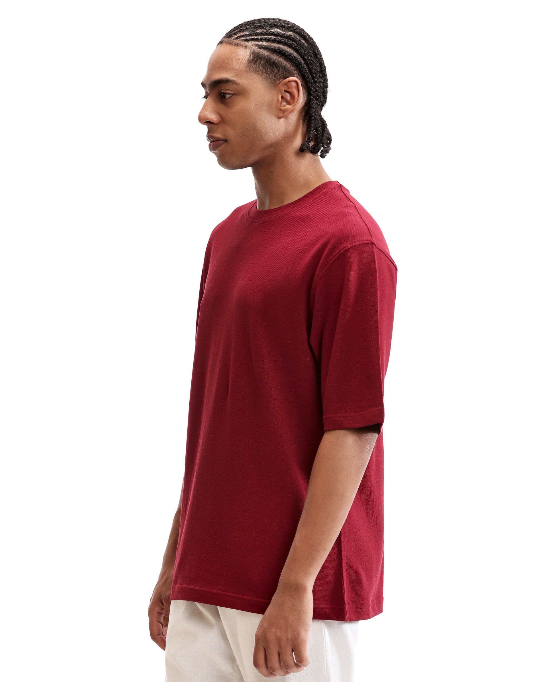 Bordeaux Maroon Pique Crew Neck Oversized T-Shirt