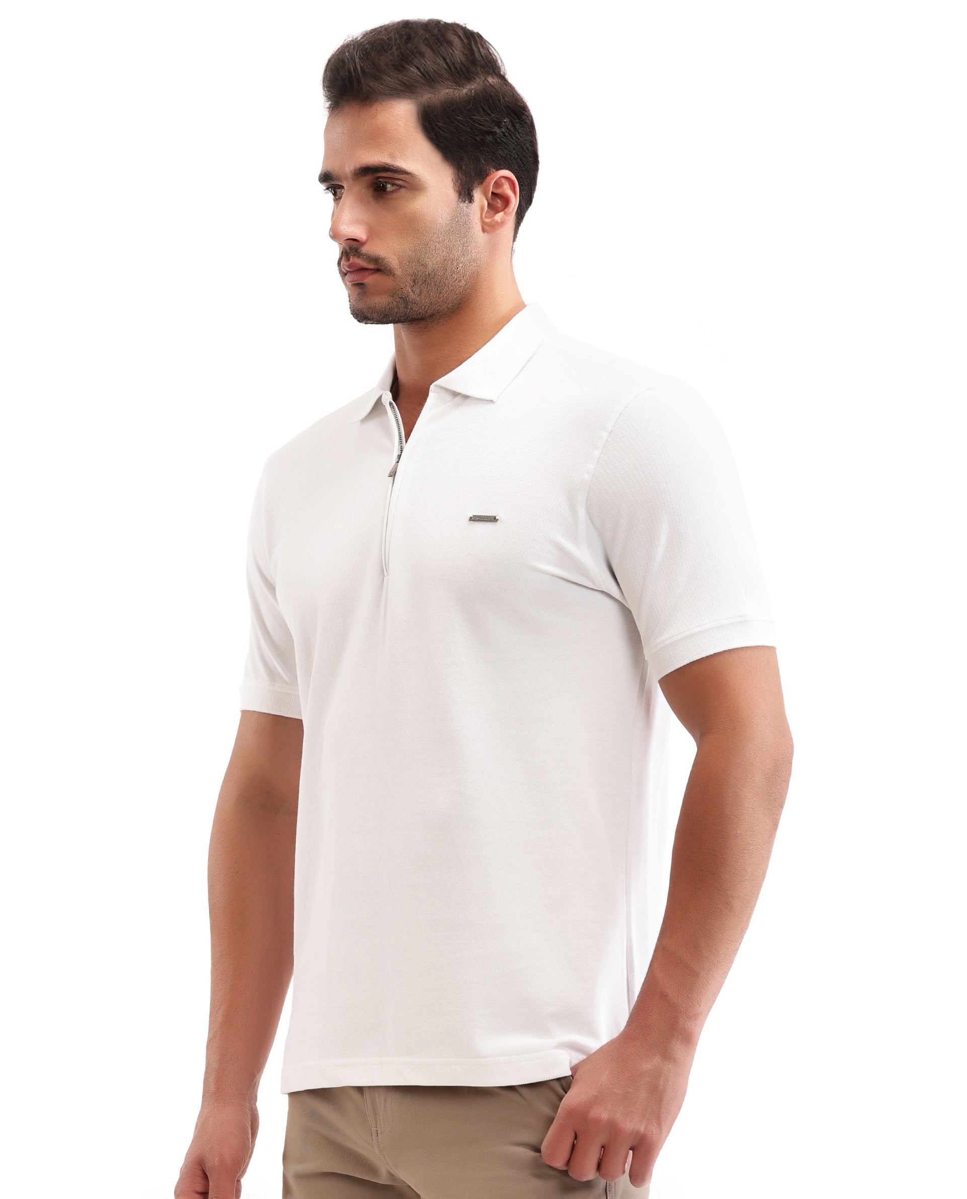 Pure White Pique Polo with 7C Metal Zip, Metal Badge