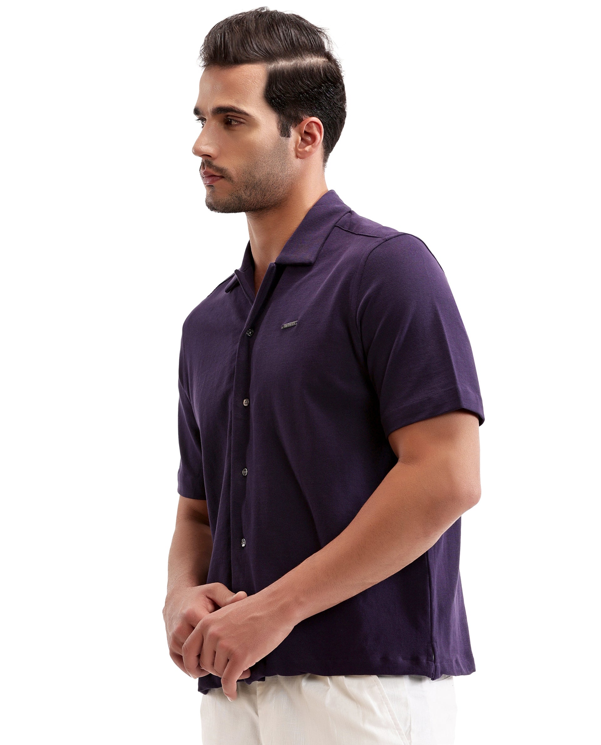 Deep Purple Pique Knit Shirt with 7C Metal Buttons, Gun Metal Badge