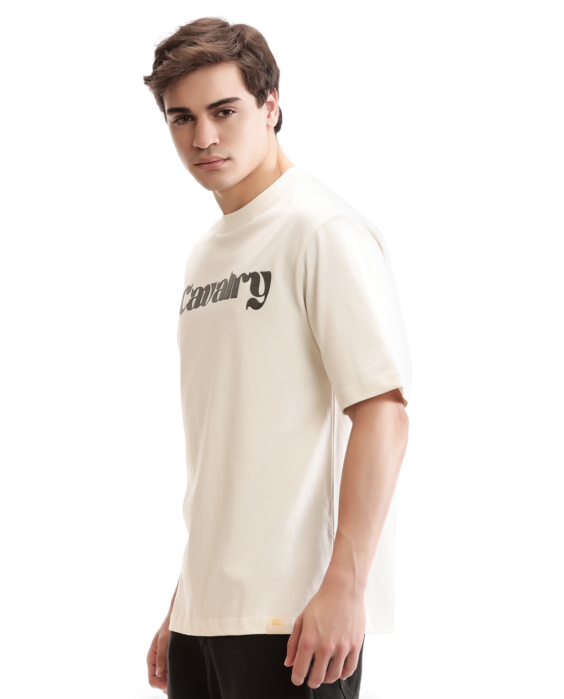 Ivory White Single Jersey Crew Neck Oversized T-Shirt with Charcoal Black Puff Print