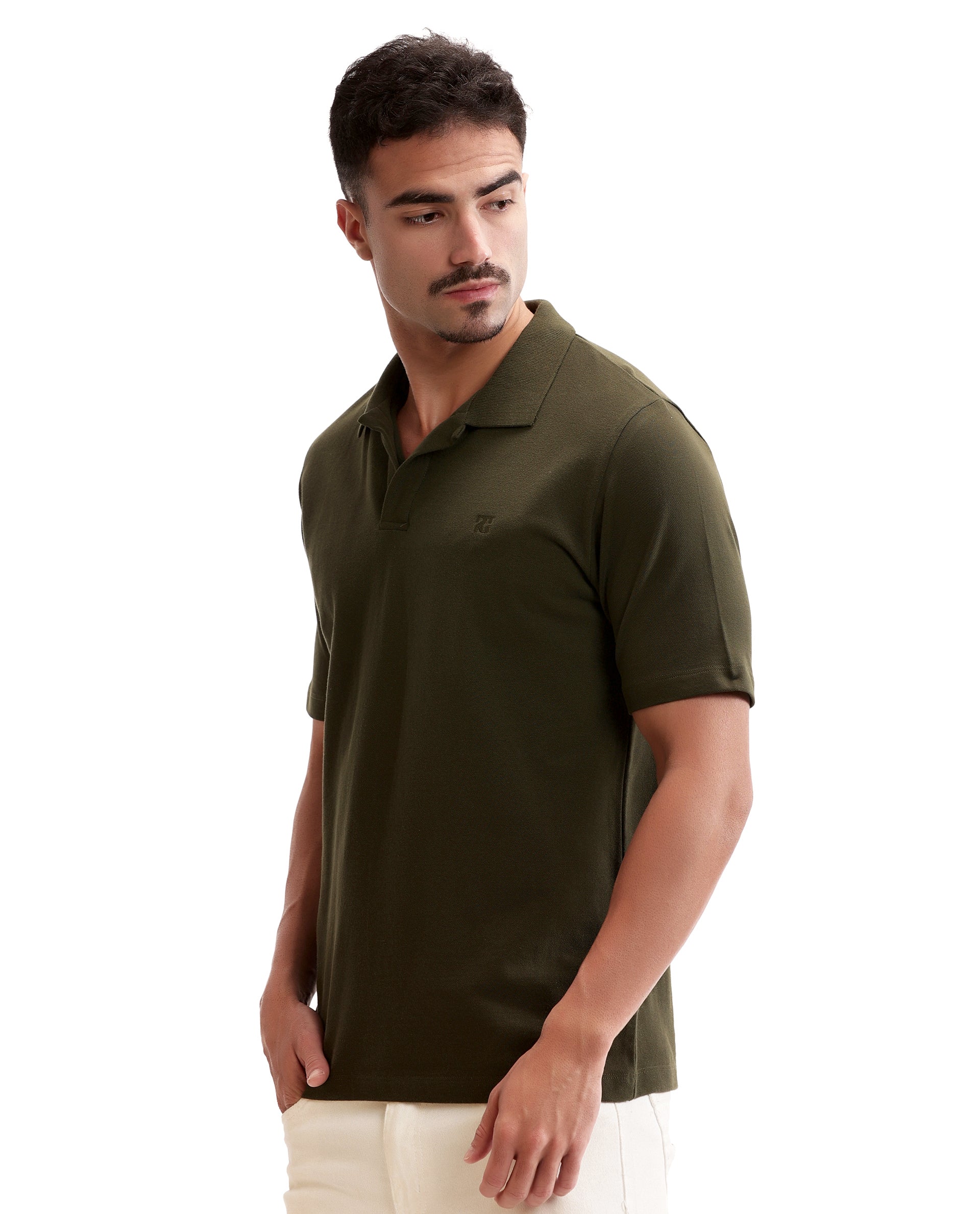 Vintage Olive Johnny Collar Pique Polo with Tone-on-Tone 7C Embroidery