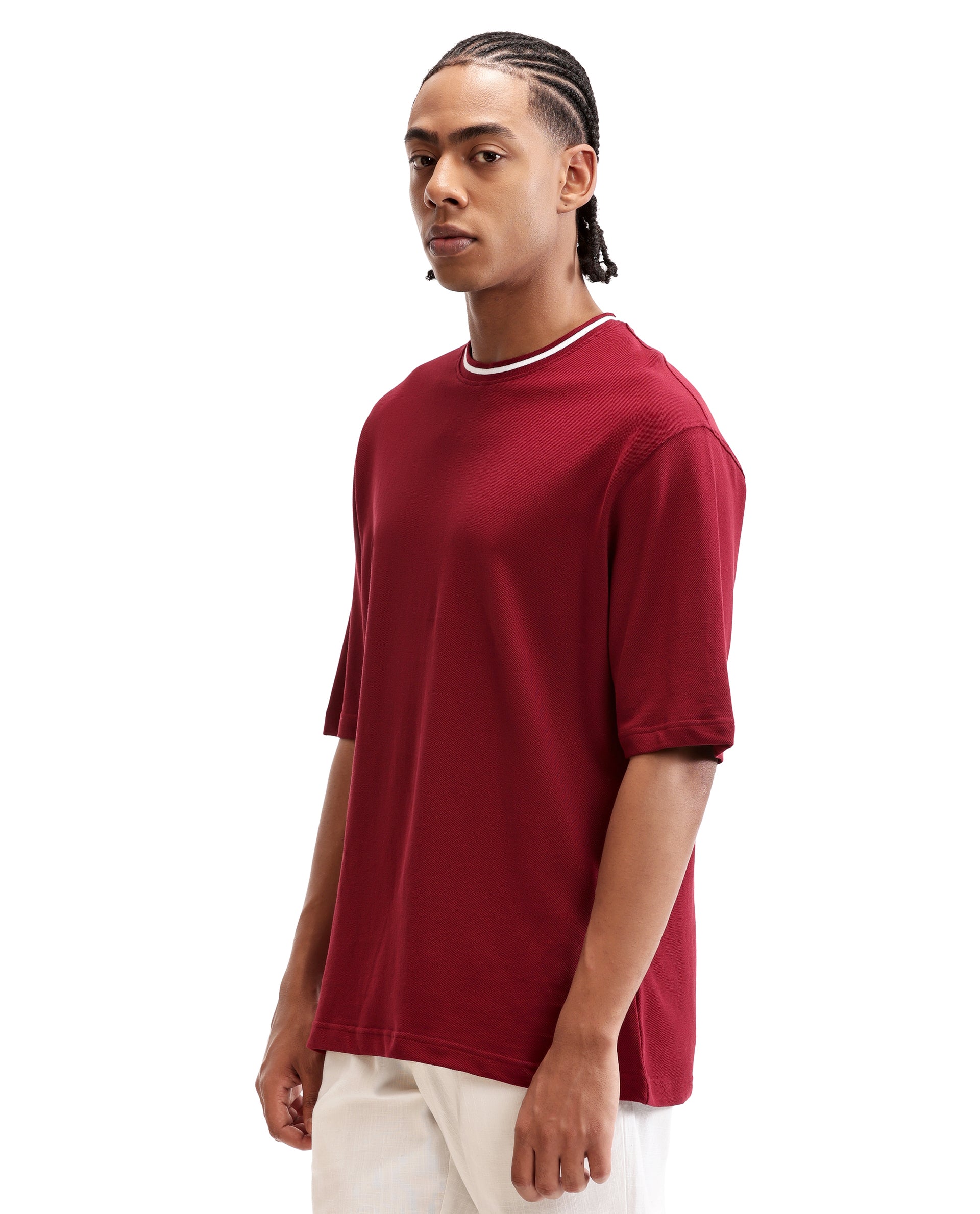Bordeaux Maroon Pique Crew Neck Oversized T-Shirt with Pure White Piping