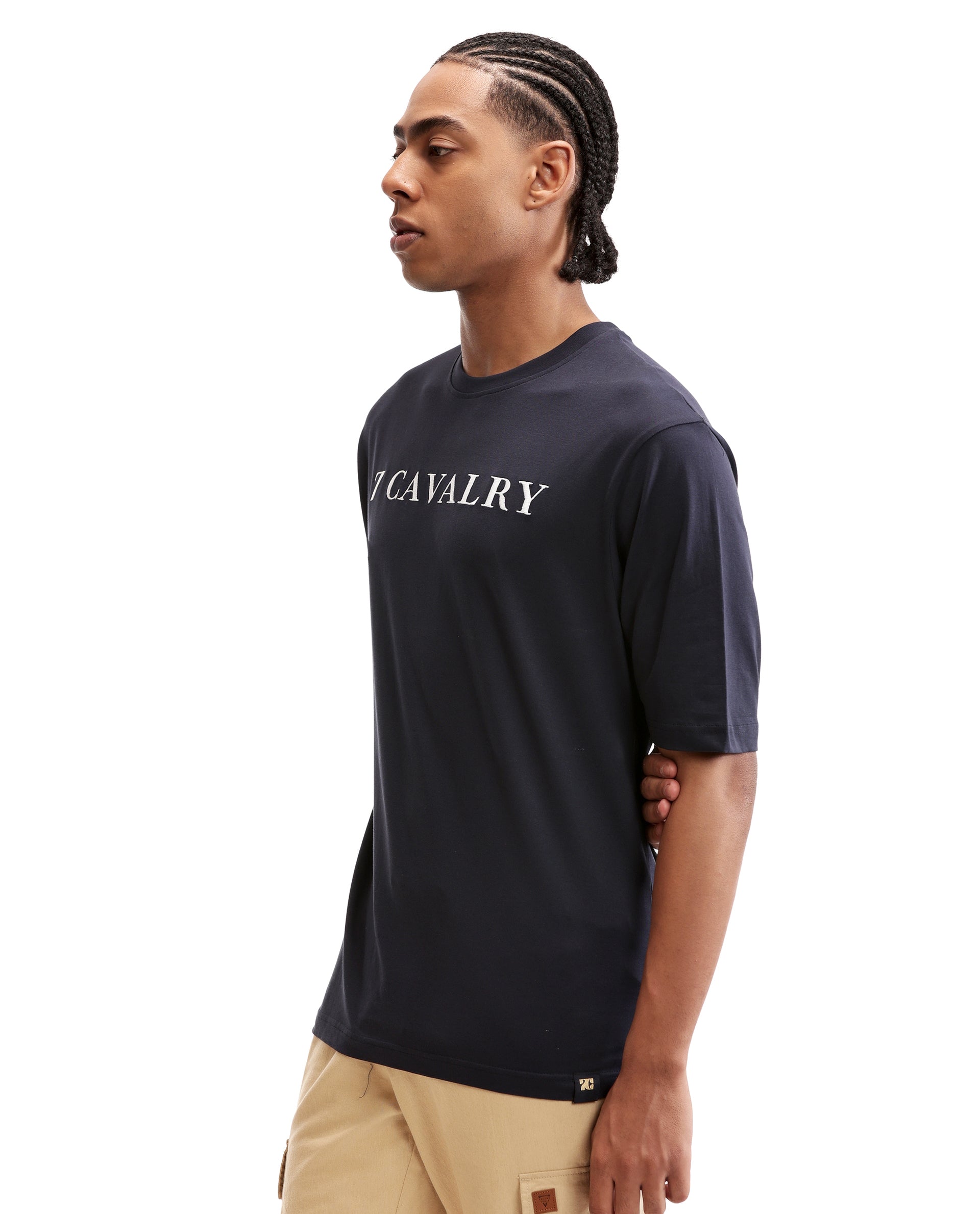Midnight Navy Blue Single Jersey Crew Neck Oversized T-Shirt with Pure White Embroidery