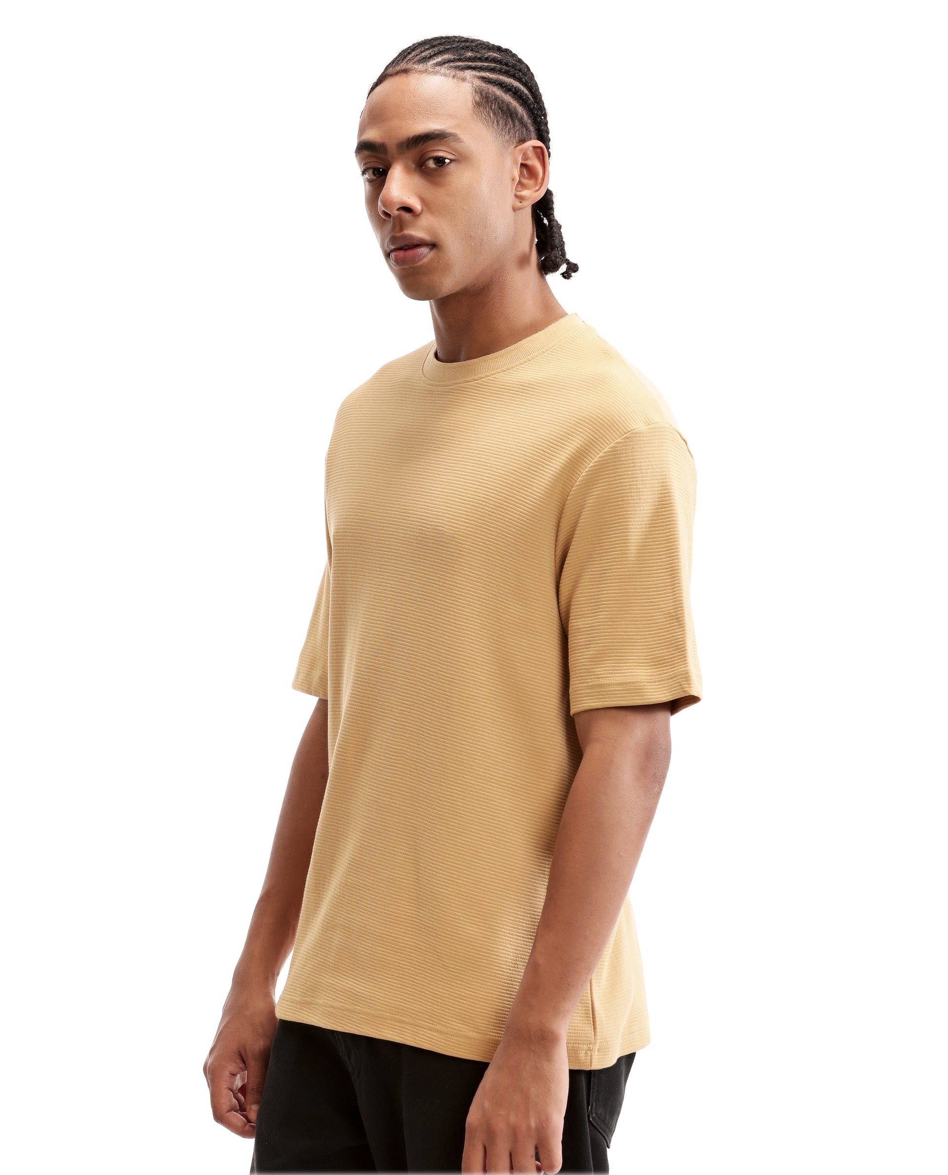 Camel Beige Knitted Ottoman Crew Neck Oversized T-Shirt