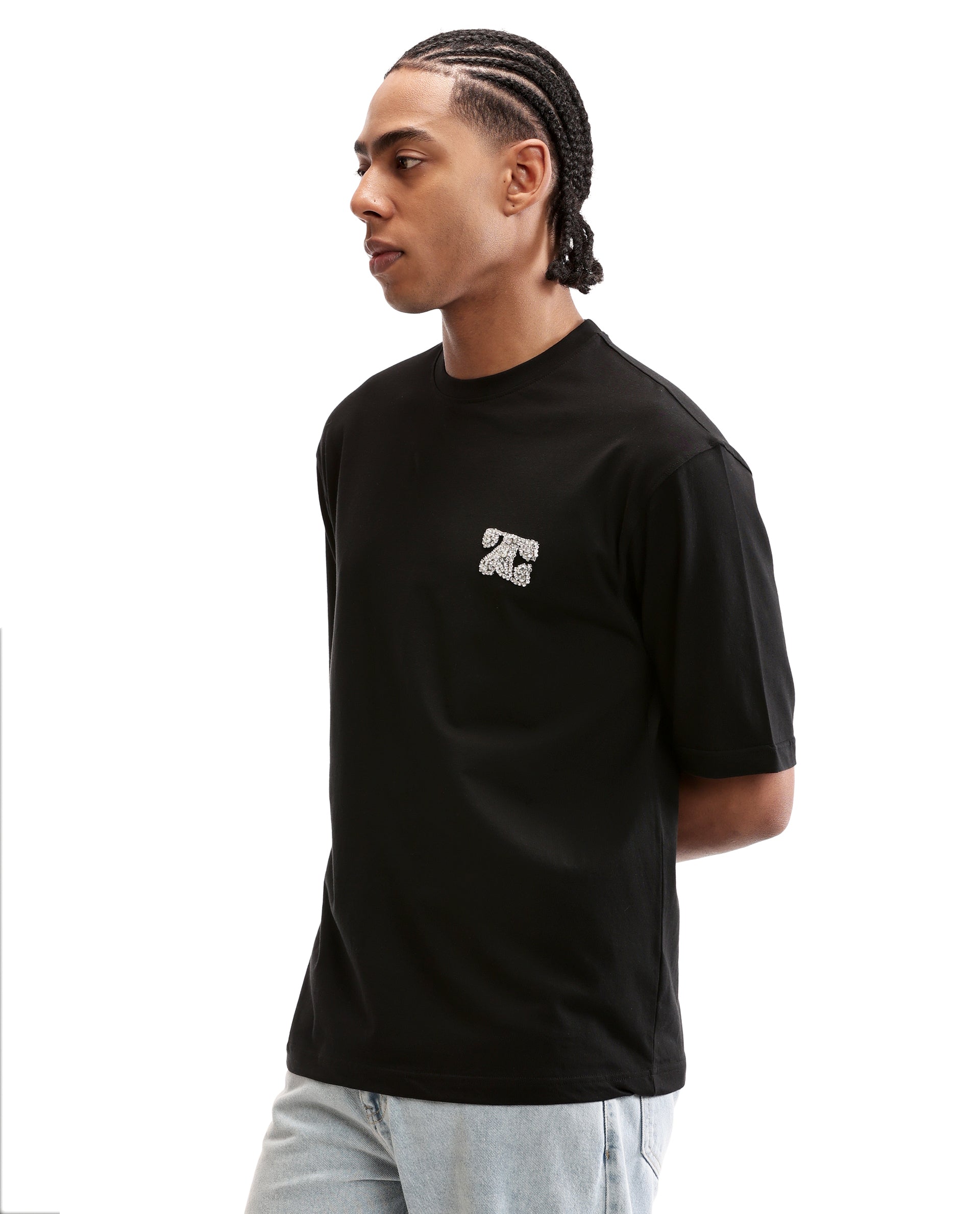Charcoal Black Single Jersey Crew Neck Oversized T-Shirt with Crystal Finish Rhinestones