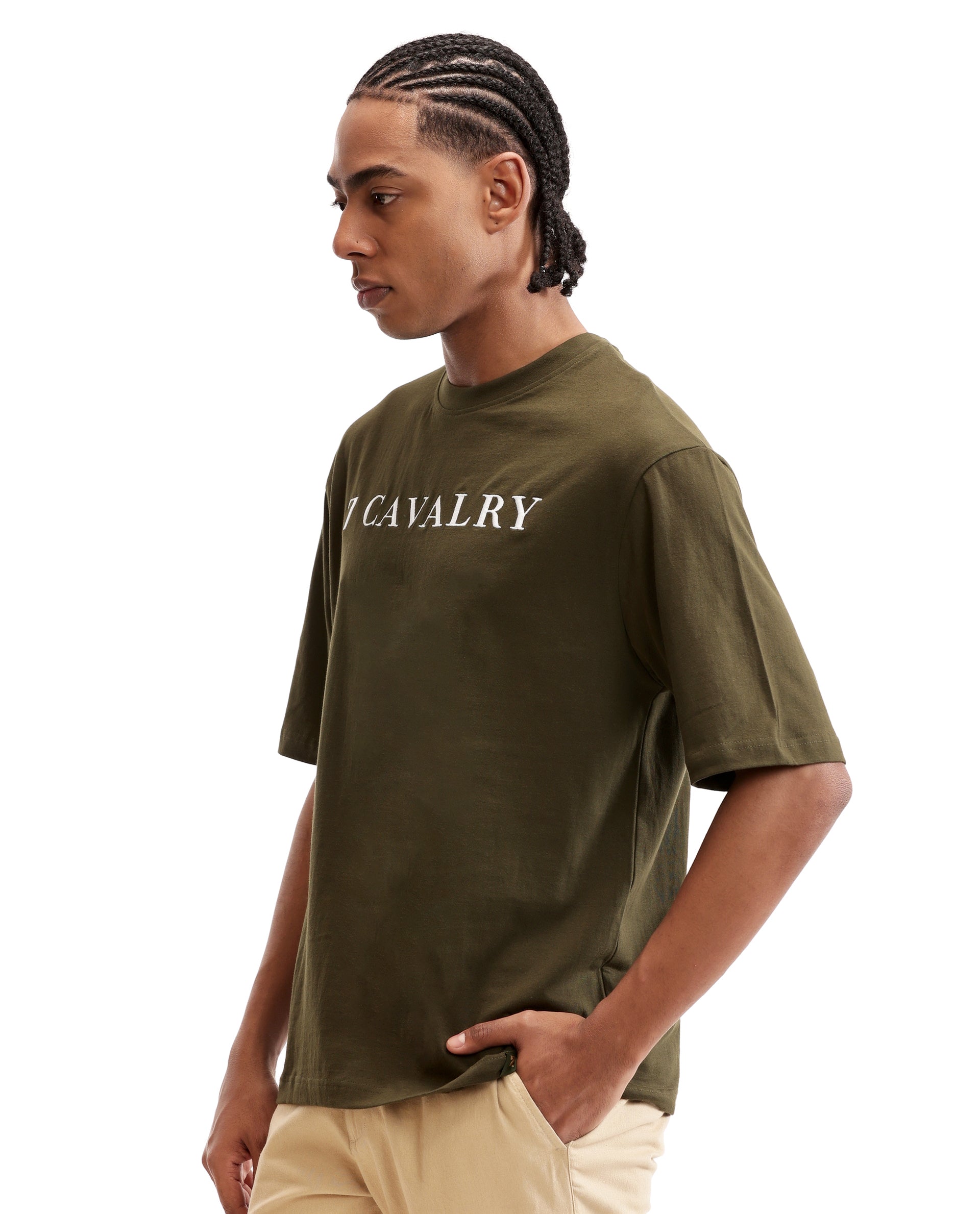 Vintage Olive Single Jersey Crew Neck Oversized T-Shirt with Pure White Embroidery