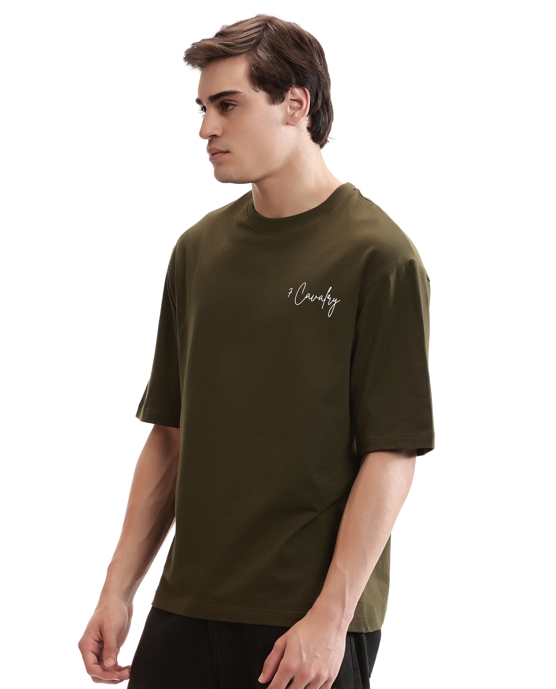 Vintage Olive Single Jersey Crew Neck Oversized T-Shirt with Pure White Non-PVC Print
