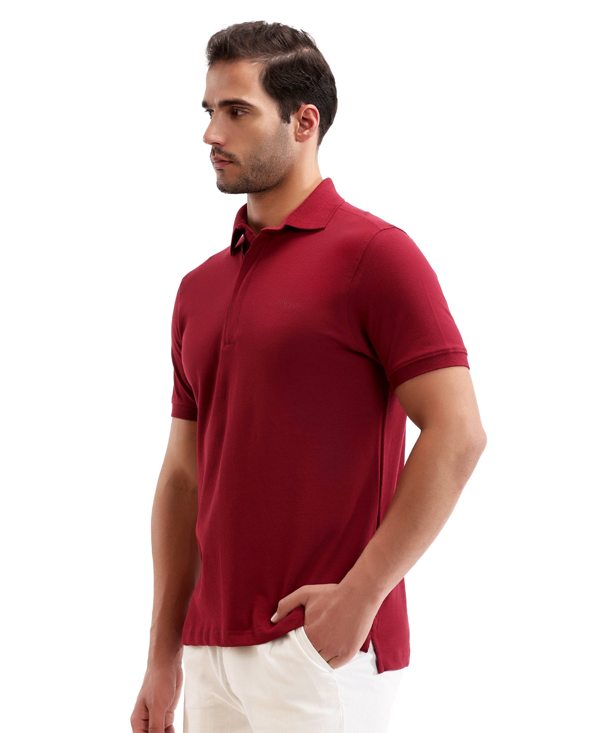 Bordeaux Maroon Pique Polo with Concealed 7C Metal Zip, HD Print