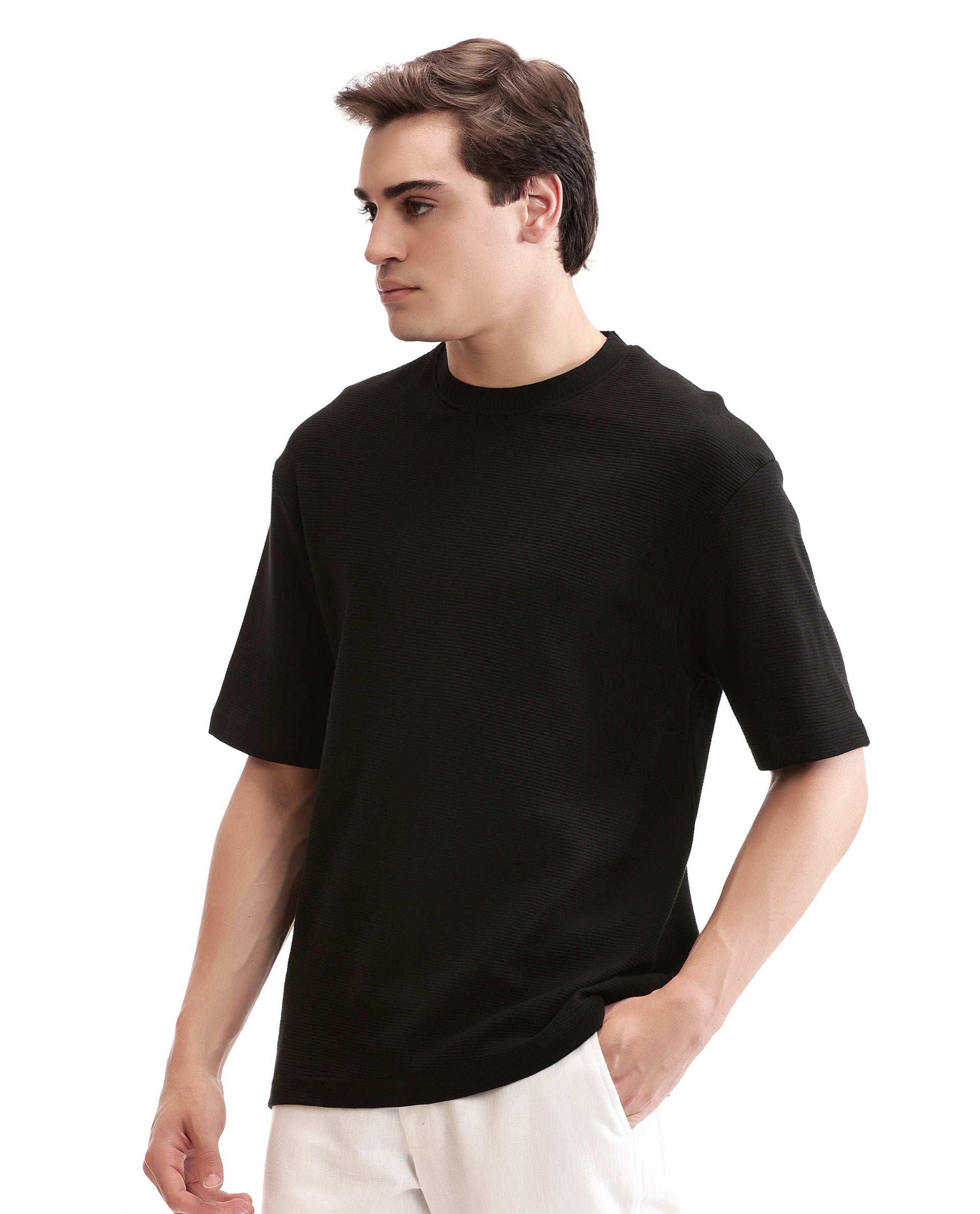 Charcoal Black Knitted Ottoman Crew Neck Oversized T-Shirt