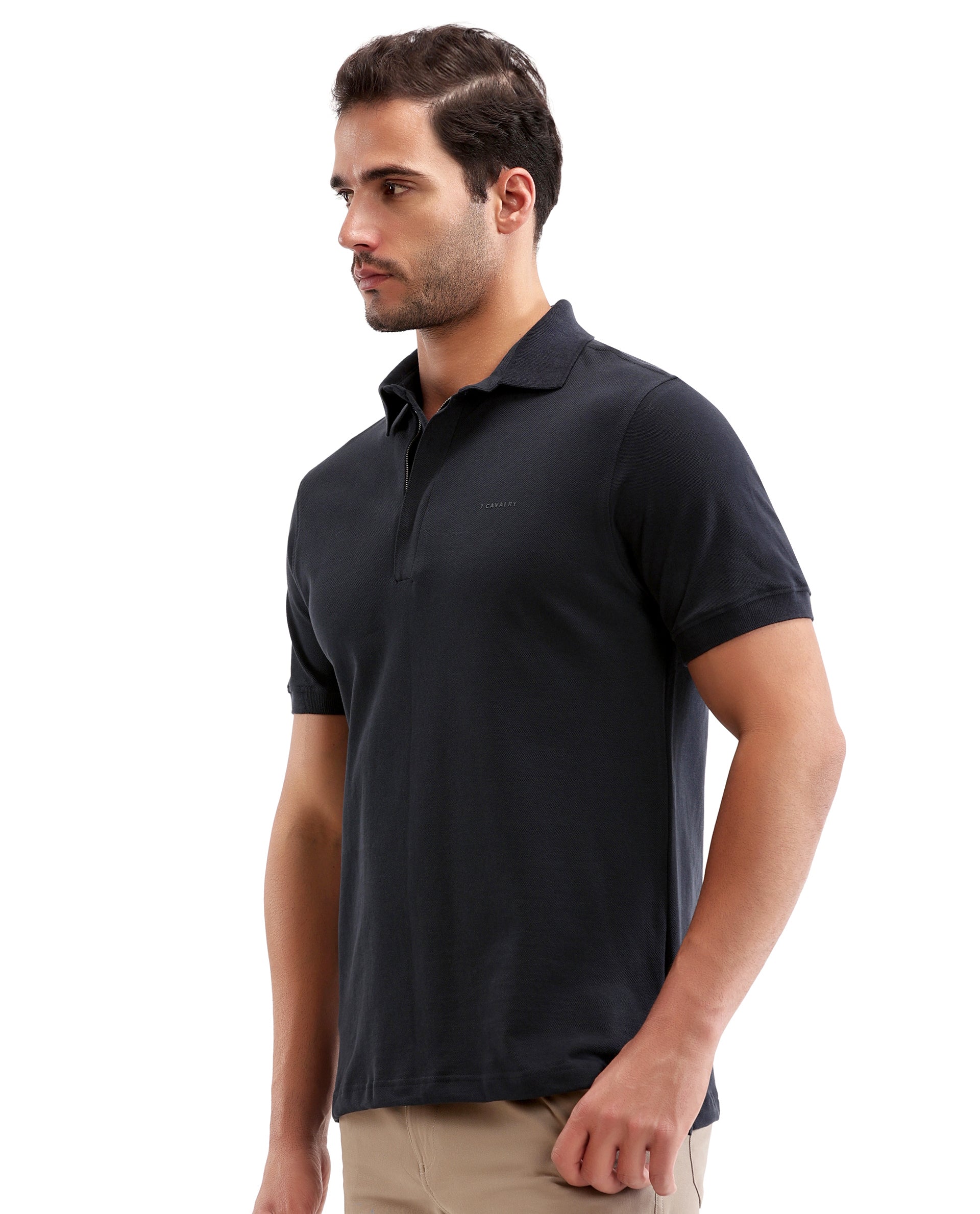 Midnight Navy Blue Pique Polo with Concealed 7C Metal Zip, HD Print