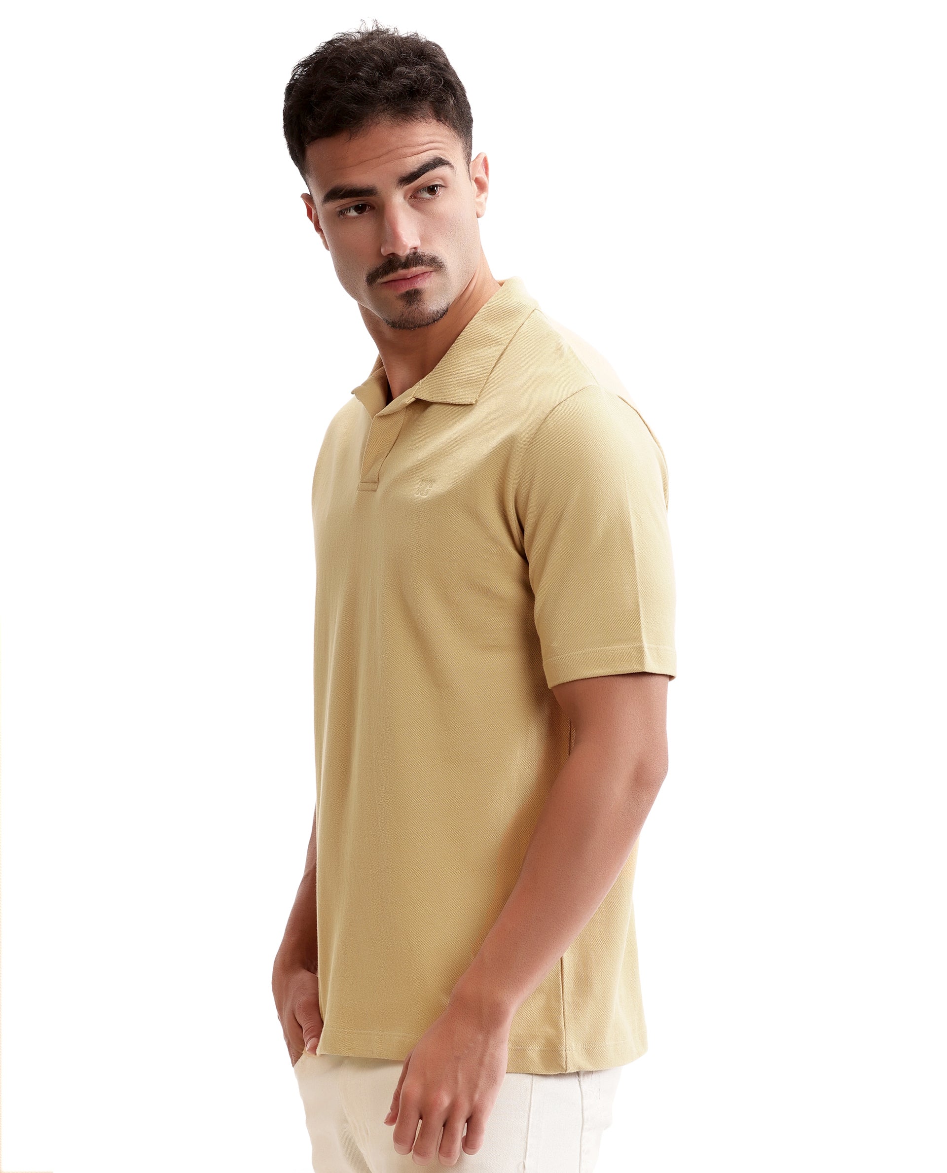 Camel Beige Johnny Collar Pique Polo with Tone-on-Tone 7C Embroidery