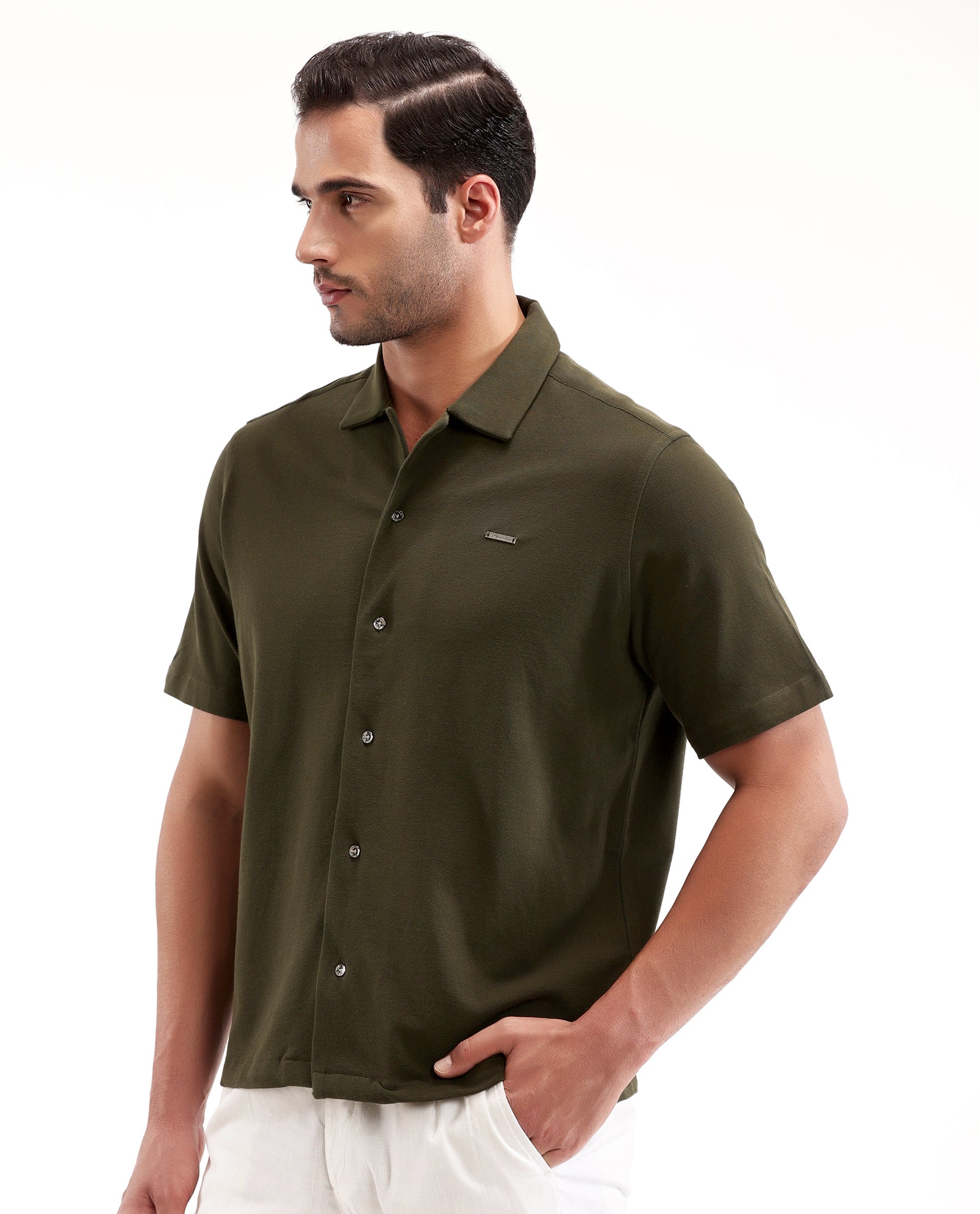 Vintage Olive Pique Knit Shirt with 7C Metal Buttons, Gun Metal Badge