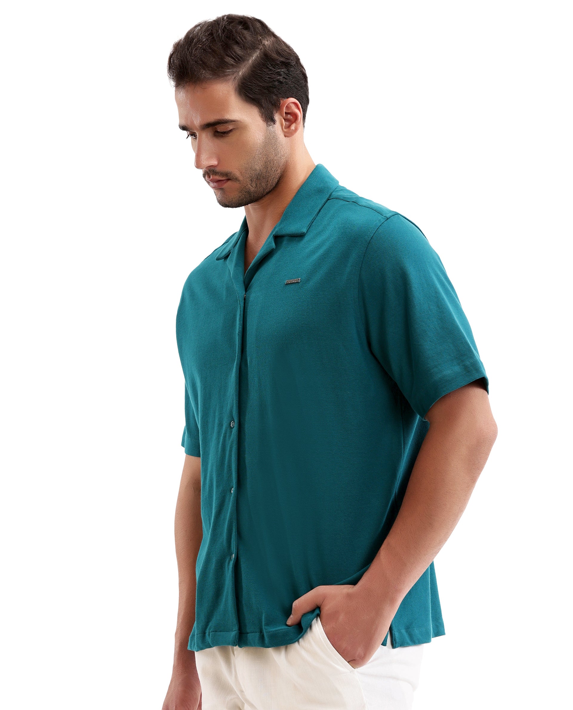 Ocean Teal Pique Knit Shirt with 7C Engraved Snap Buttons, Gun Metal Badge