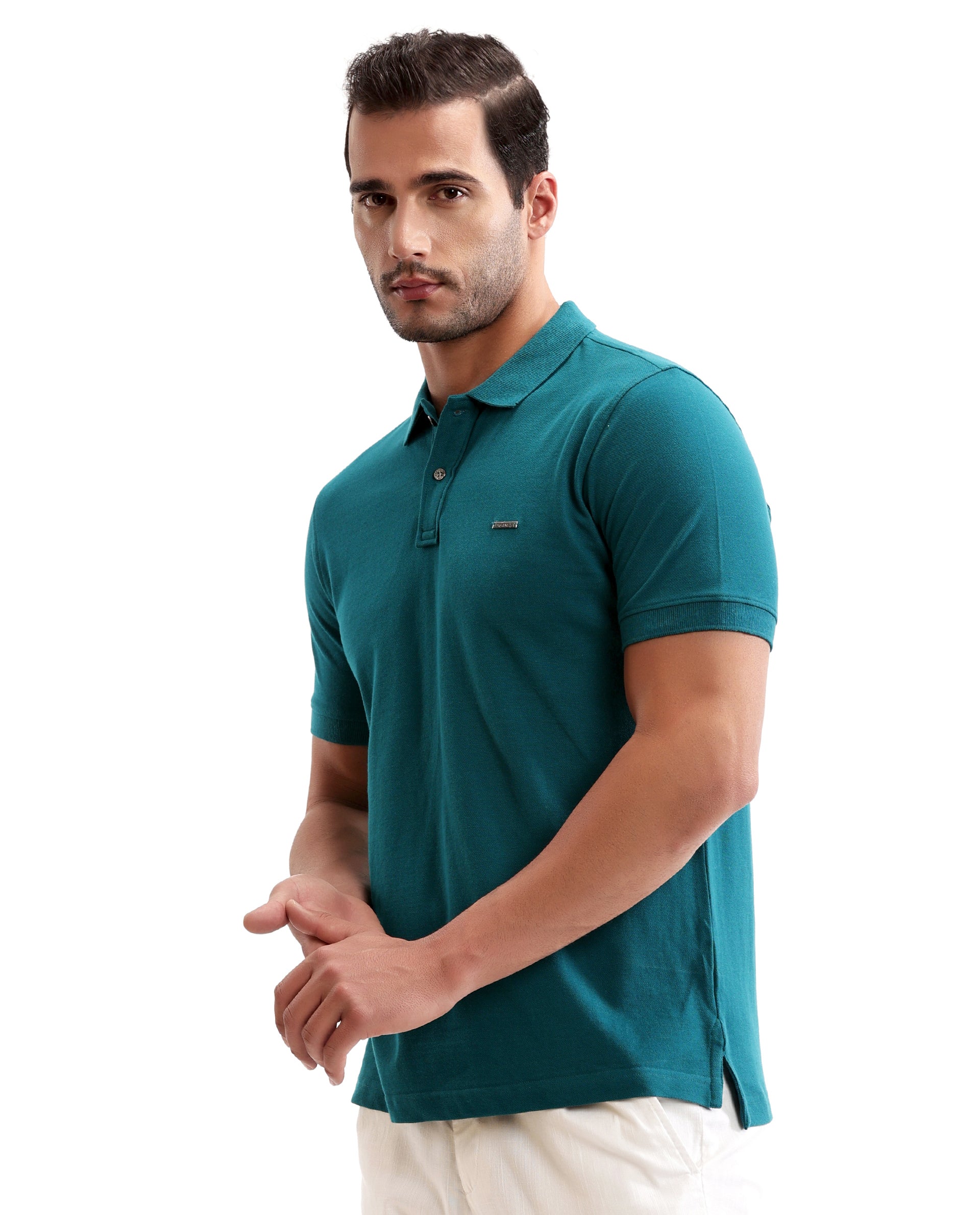 Ocean Teal Pique Polo with Metal Buttons, 7C Metal Badge