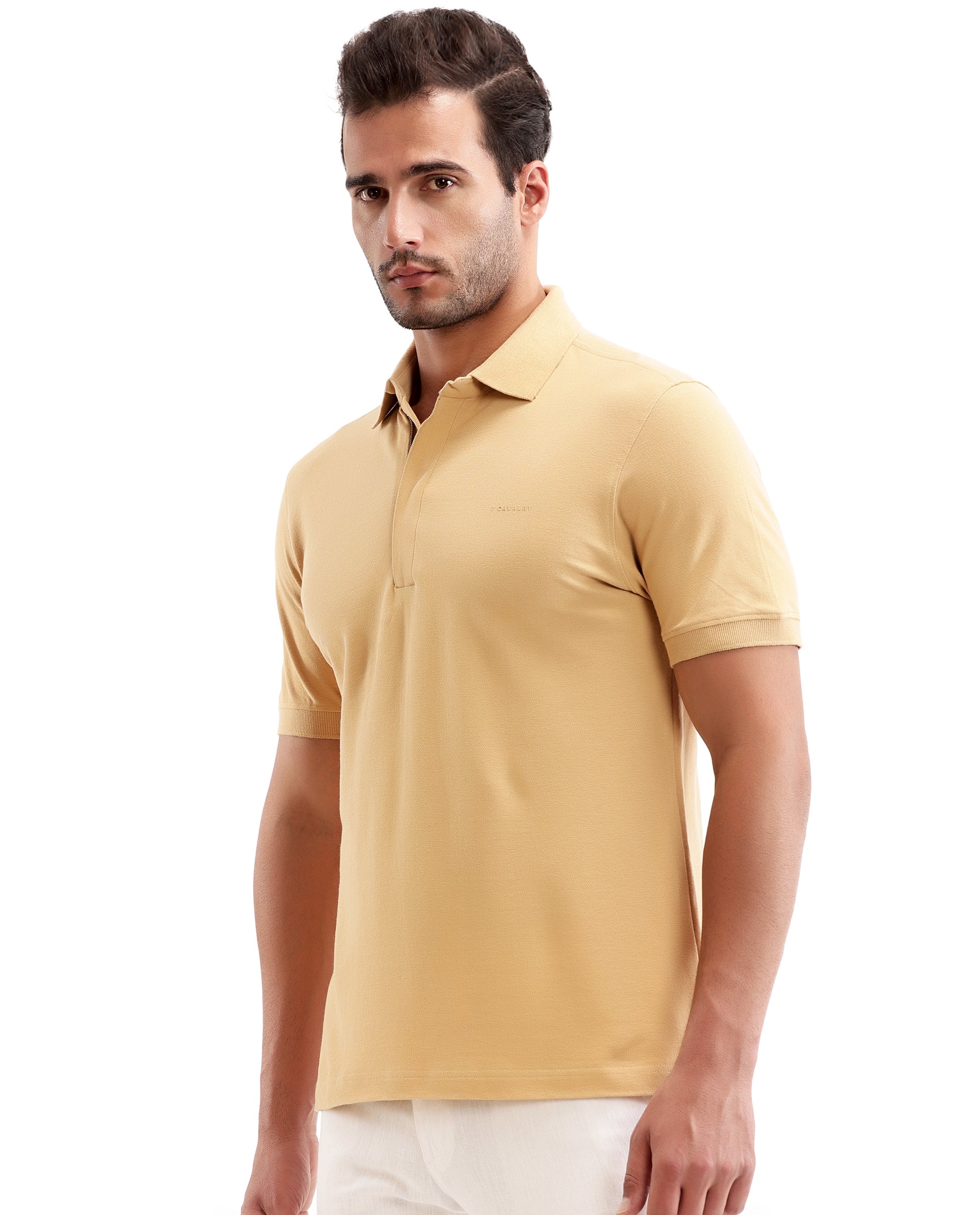 Camel Beige Solid Polo with Concealed 7C Metal Zip, HD Print