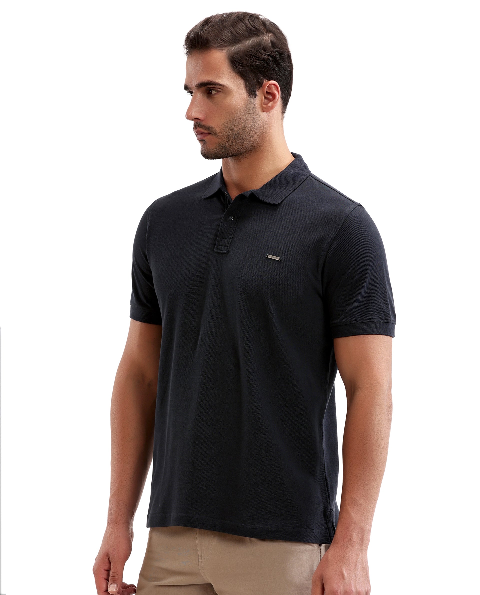 Midnight Navy Blue Pique Polo with 7C Snap Buttons, Metal Badge