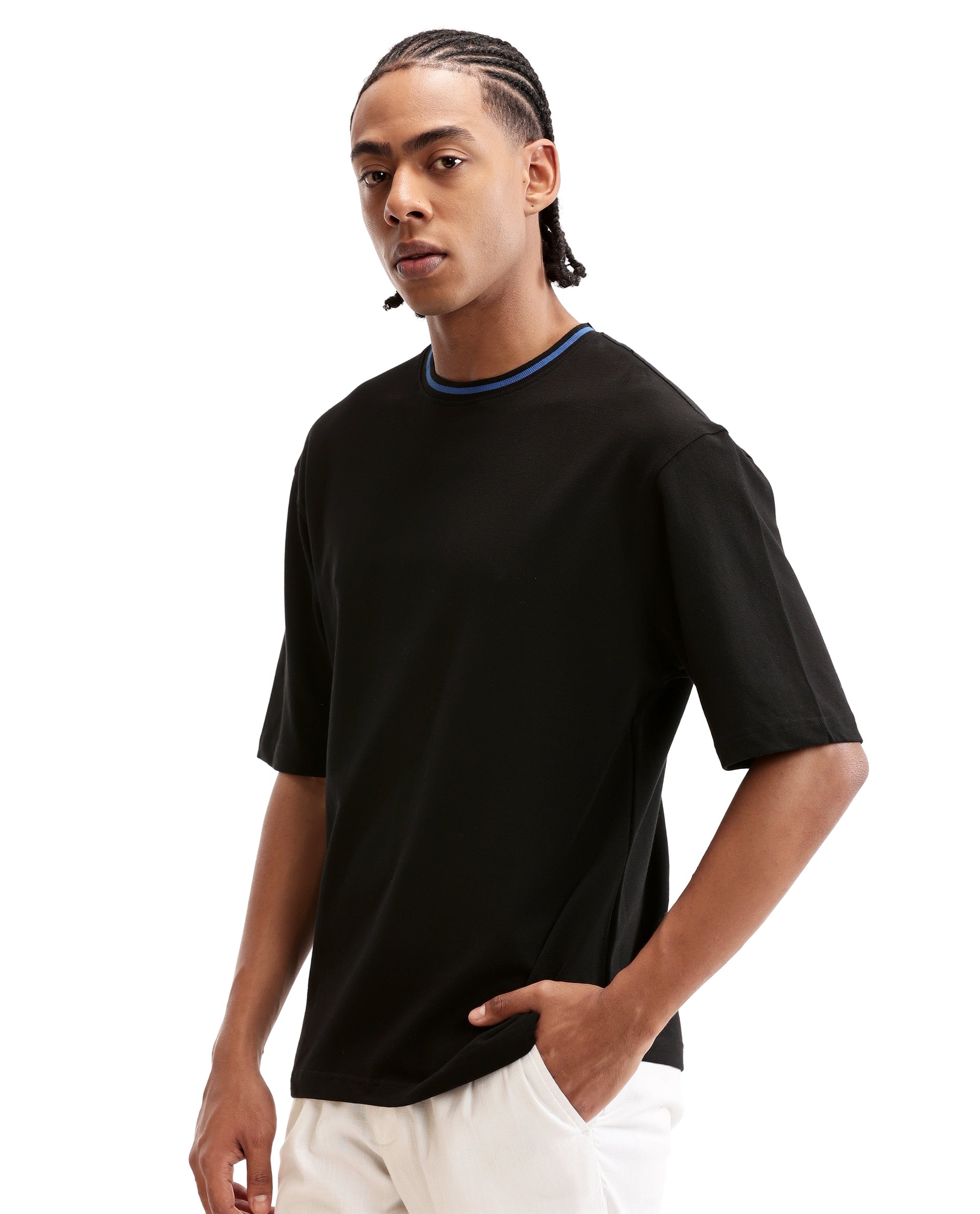 Charcoal Black Pique Crew Neck Oversized T-Shirt with Imperial Prussian Blue Piping