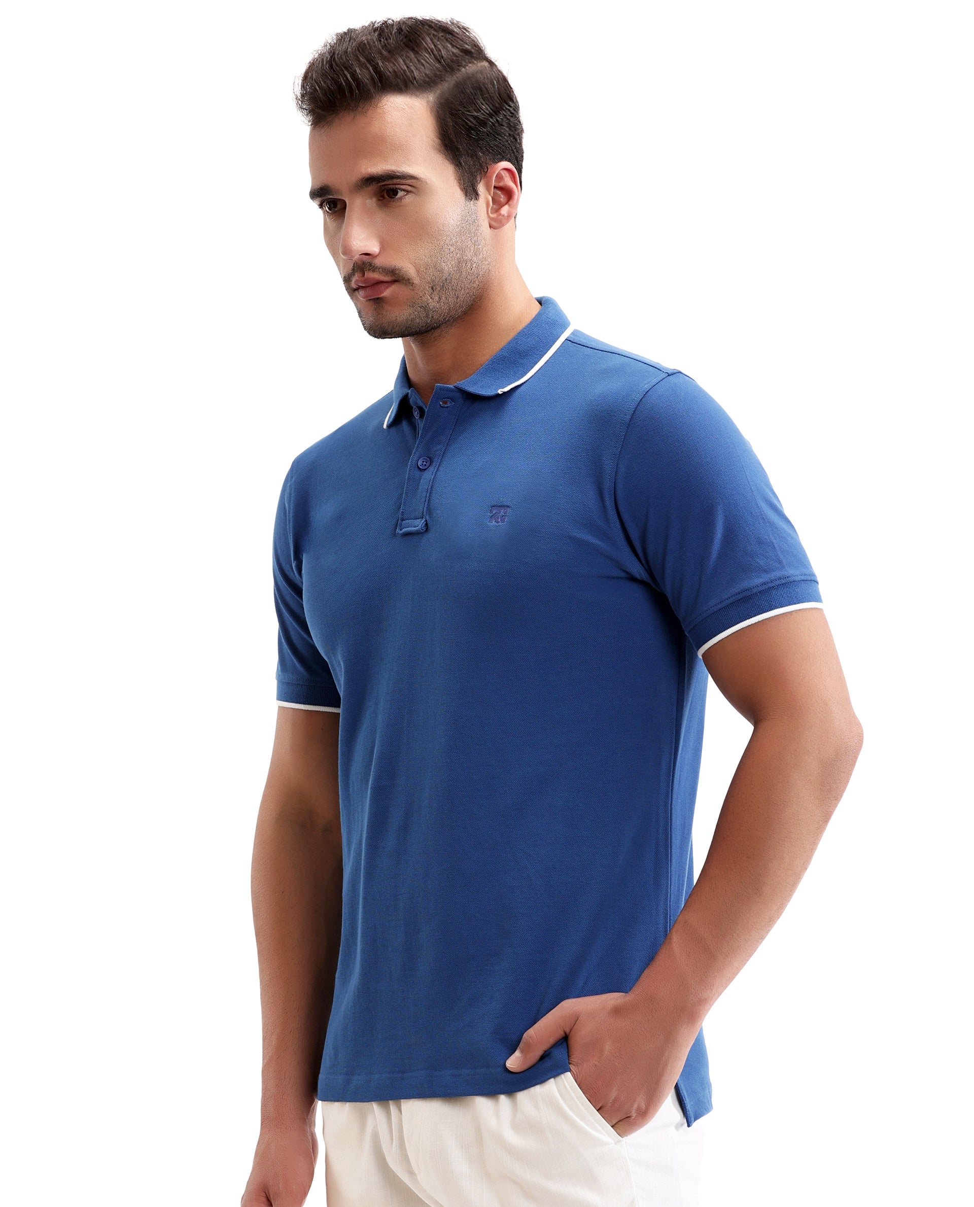 Imperial Prussian Blue Pique Polo with White Collar Piping, Tone-on-Tone 7C Embroidery