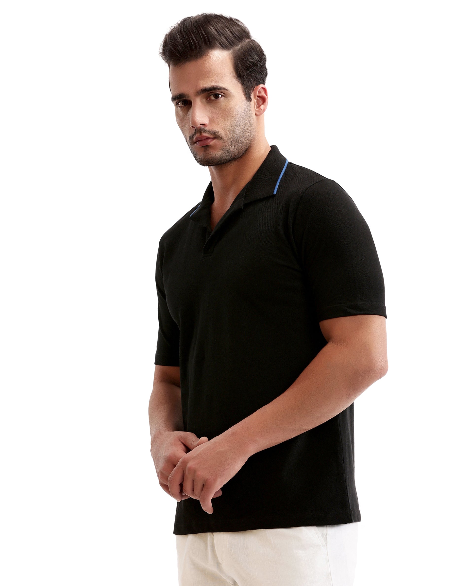 Charcoal Black Johnny Collar Pique Polo with Prussian Blue Collar Piping