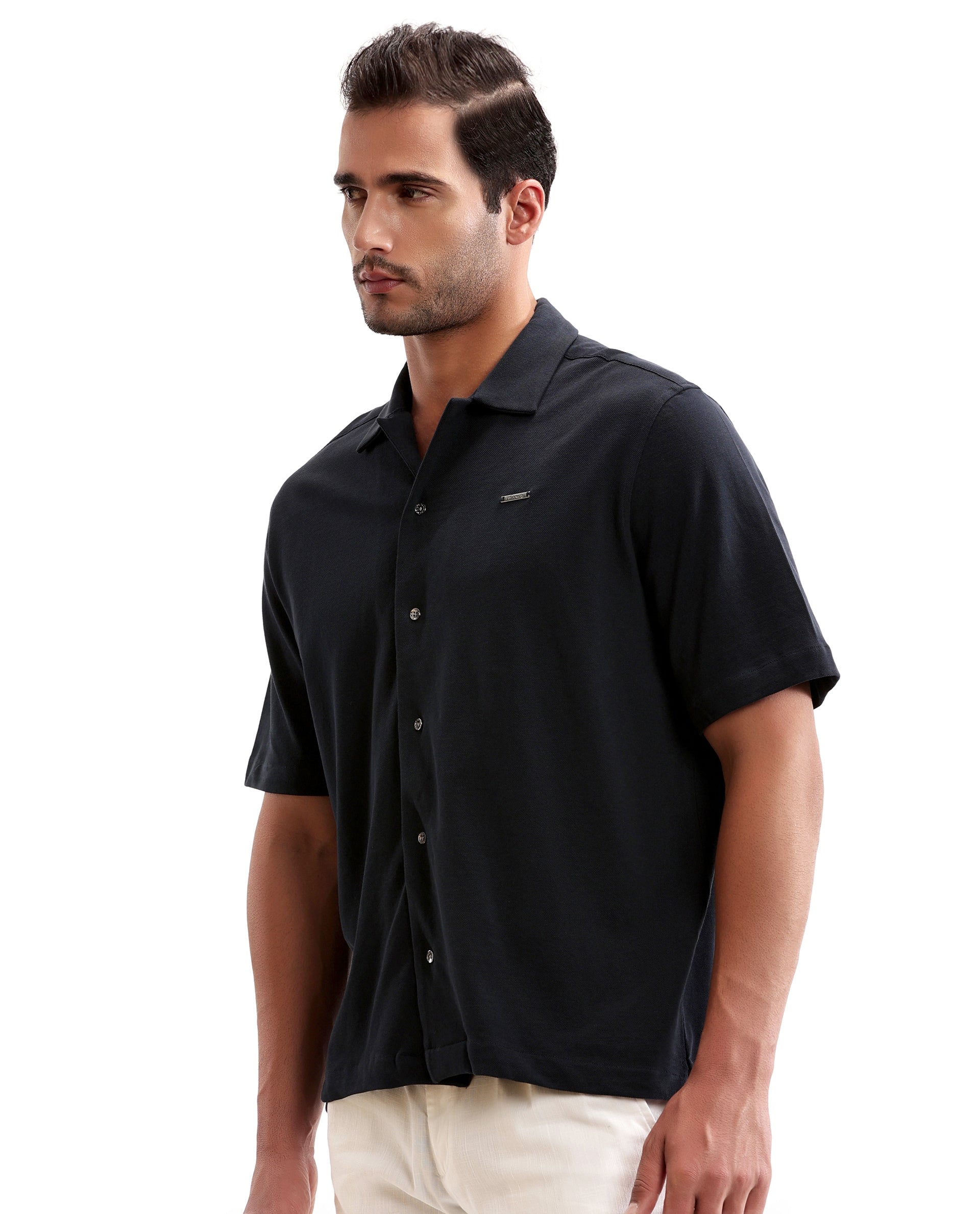 Midnight Navy Blue Pique Knit Shirt with 7C Metal Buttons, Gun Metal Badge